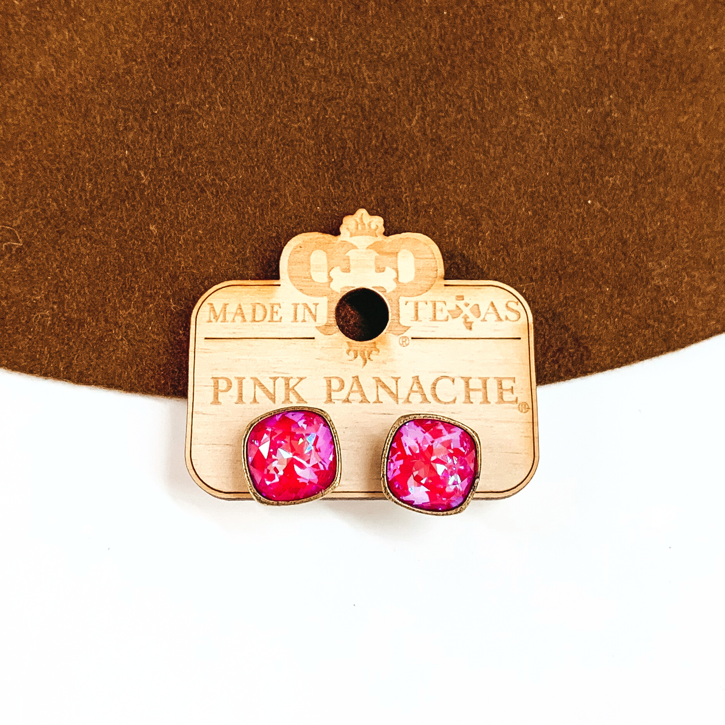 Pink Panache | Bronze Stud Earrings with Cushion Cut Crystals in Royal Red Delight - Giddy Up Glamour Boutique