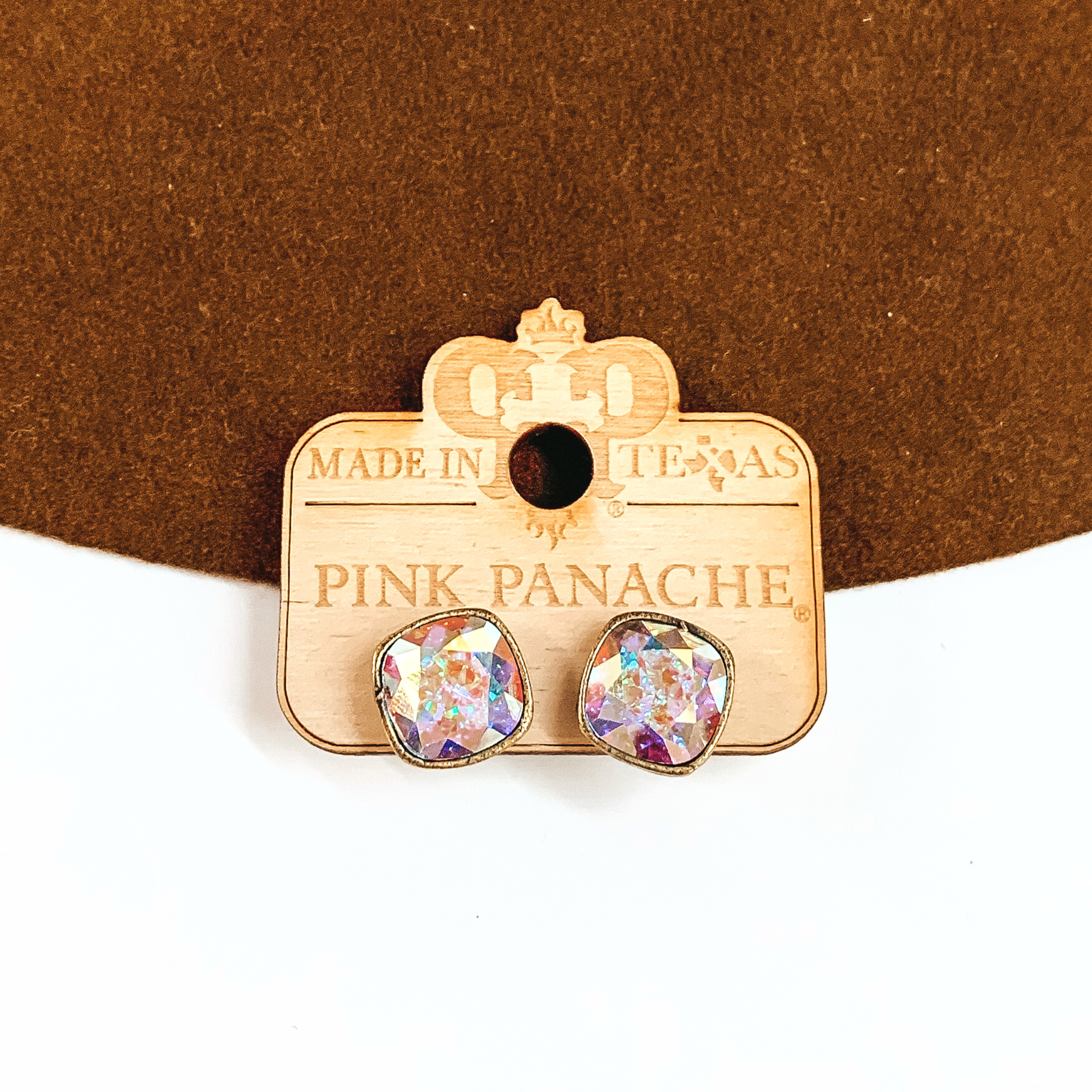 Pink Panache | Bronze Stud Earrings with Cushion Cut Crystals in AB - Giddy Up Glamour Boutique