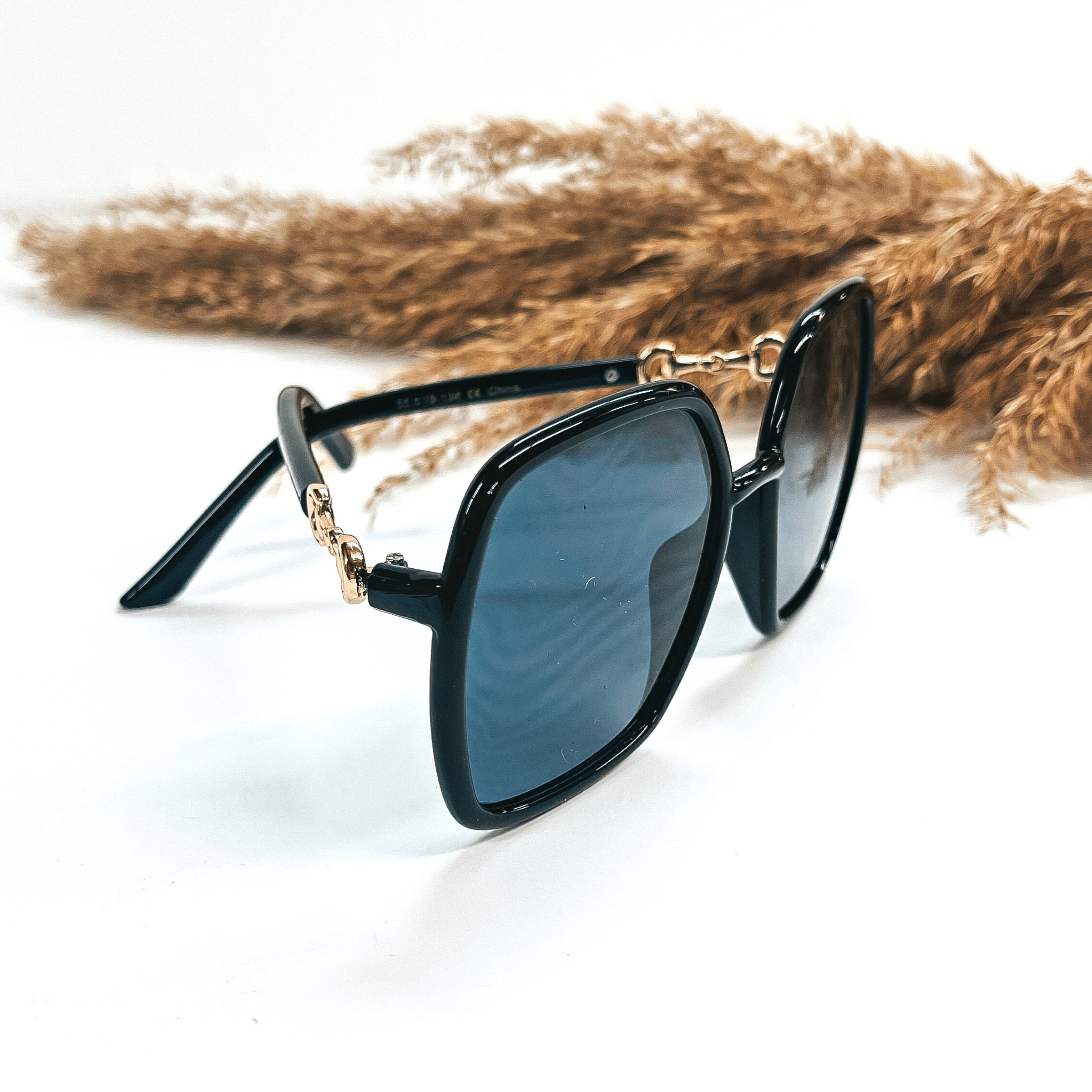 This is a pair of black, large, square sunglasses with a black/dark grey lense.  The side of the glasses have gold detailing as a connector. These pair of  sunglasses are taken on a white background with a brown plant in the back as decor.