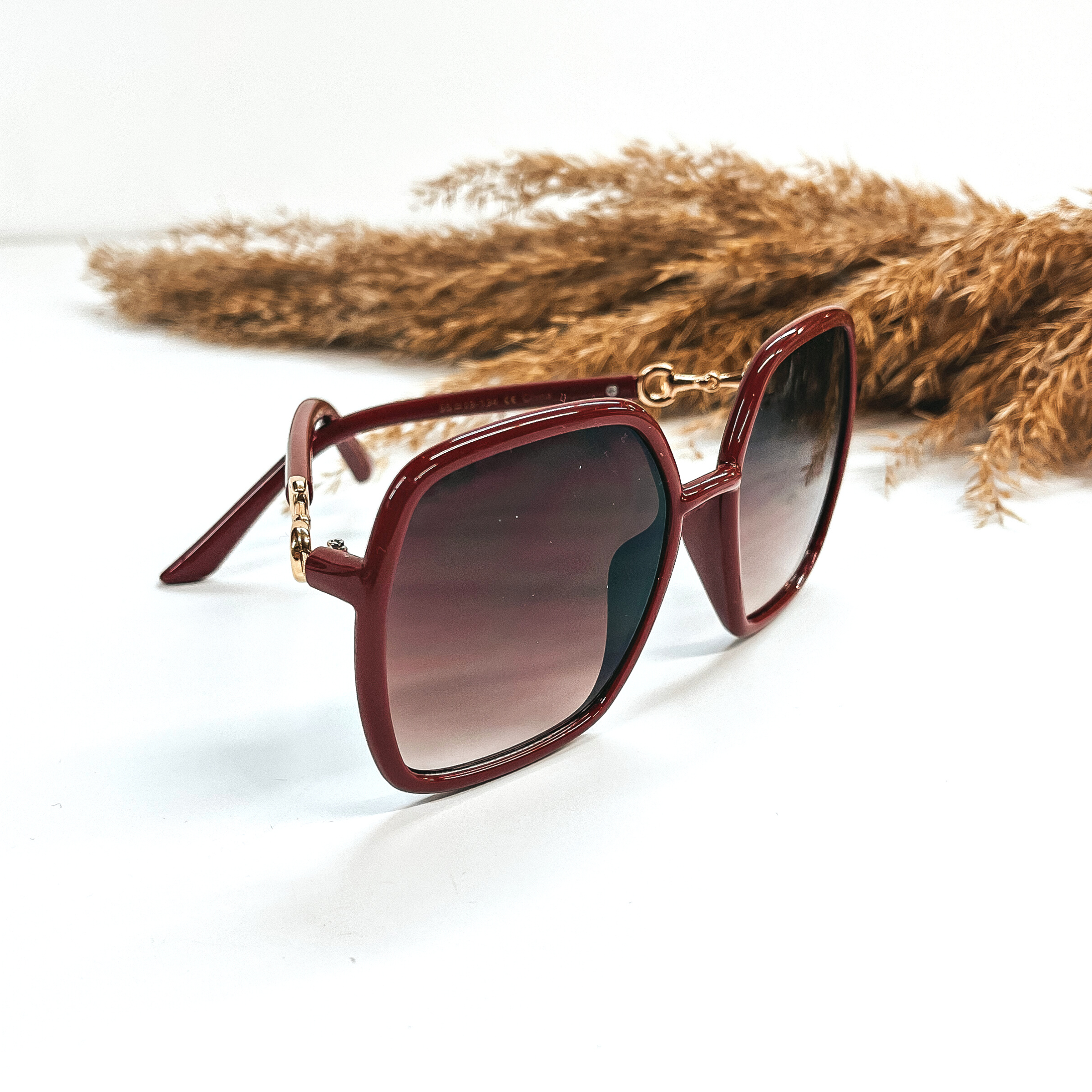 This is a pair of maroon frame, large, square sunglasses with a  red/brown lense.  The side of the glasses have gold detailing as a connector. These pair of  sunglasses are taken on a white background with a brown plant in the back as decor.