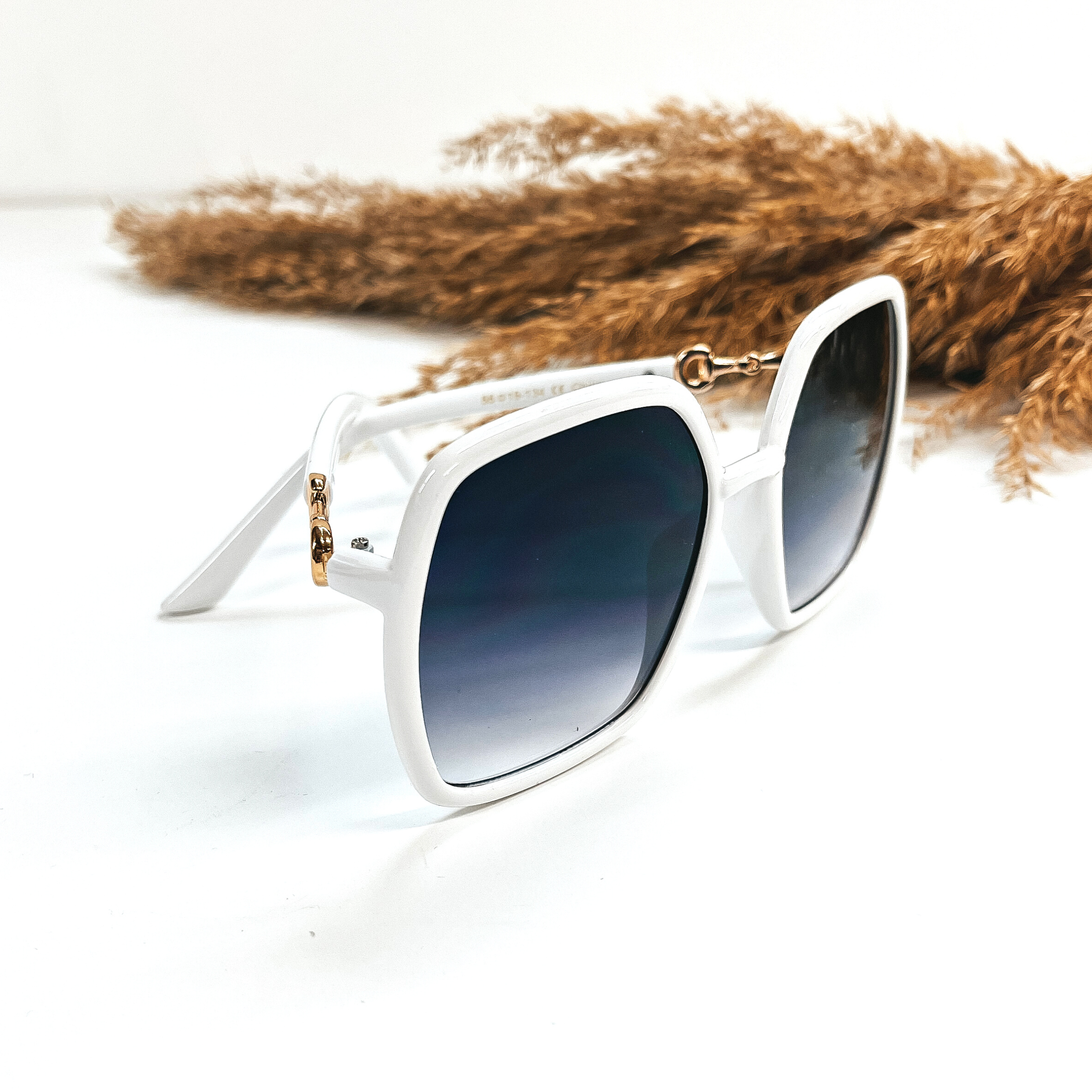 This is a pair of white frame, large, square sunglasses with a  black/dark grey lense.  The side of the glasses have gold detailing as a connector. These pair of  sunglasses are taken on a white background with a brown plant in the back as decor.