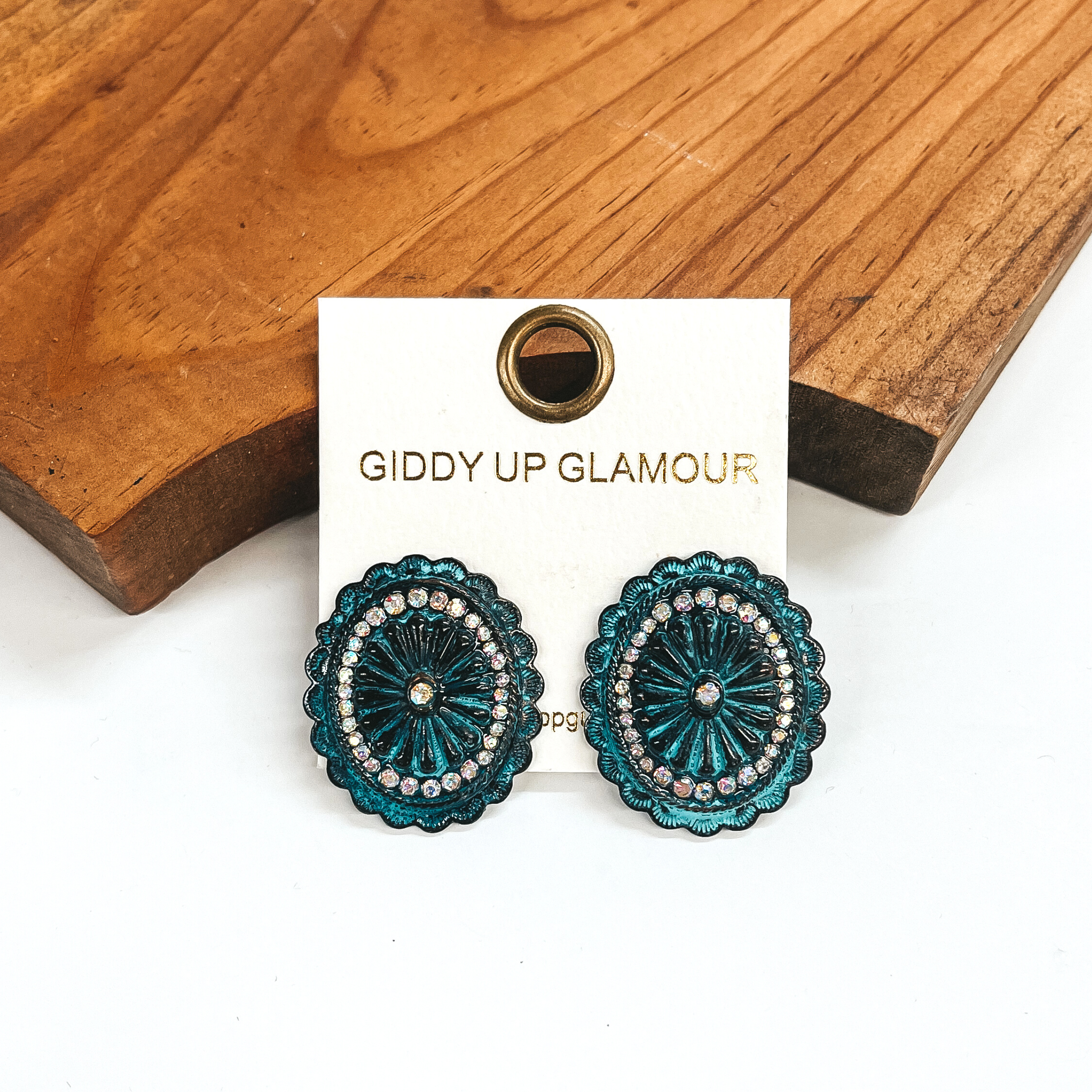 Patina Concho Stud Earrings with AB Crystals - Giddy Up Glamour Boutique