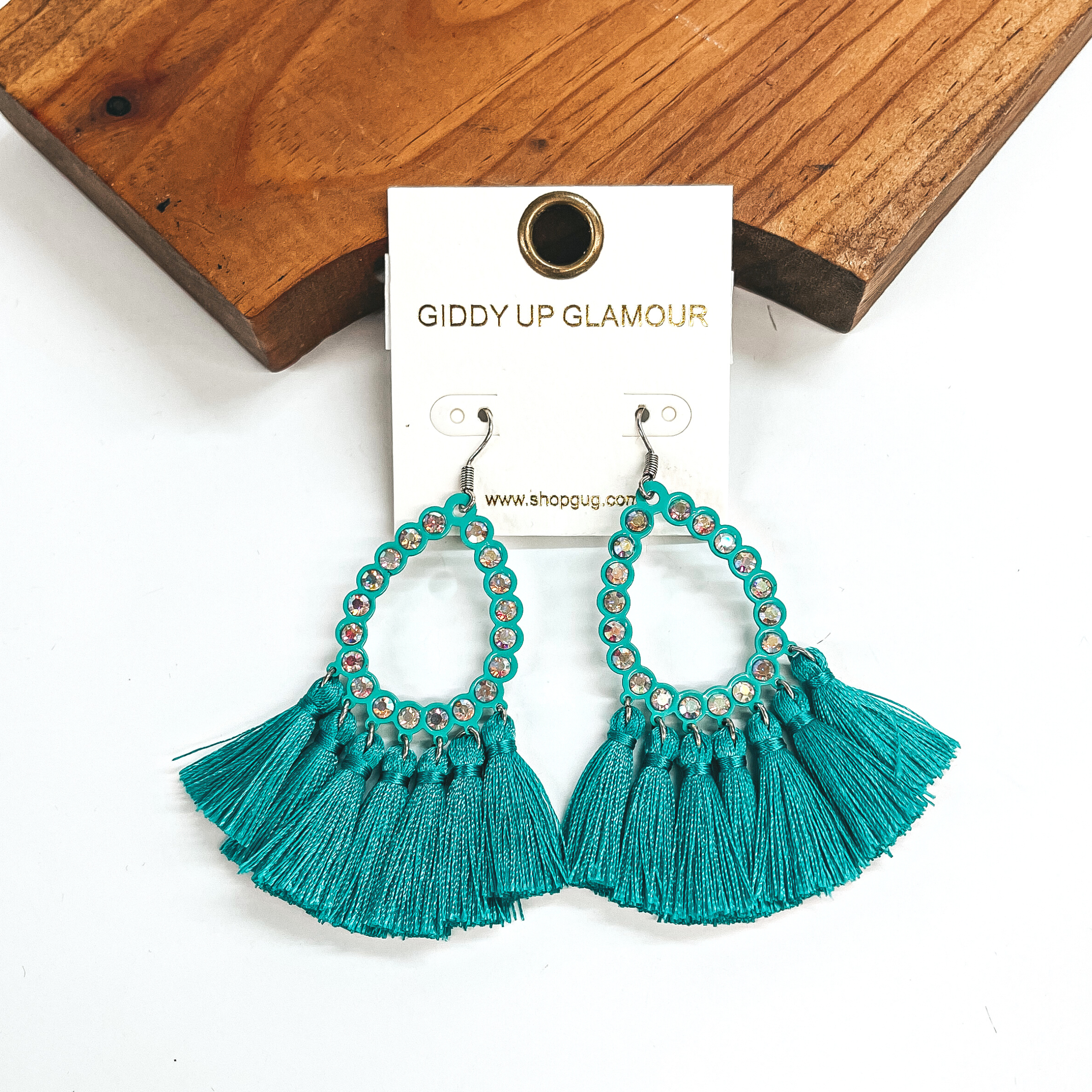 Small AB Crystal Teardrop Earrings with Tassel Trim in Turquoise - Giddy Up Glamour Boutique
