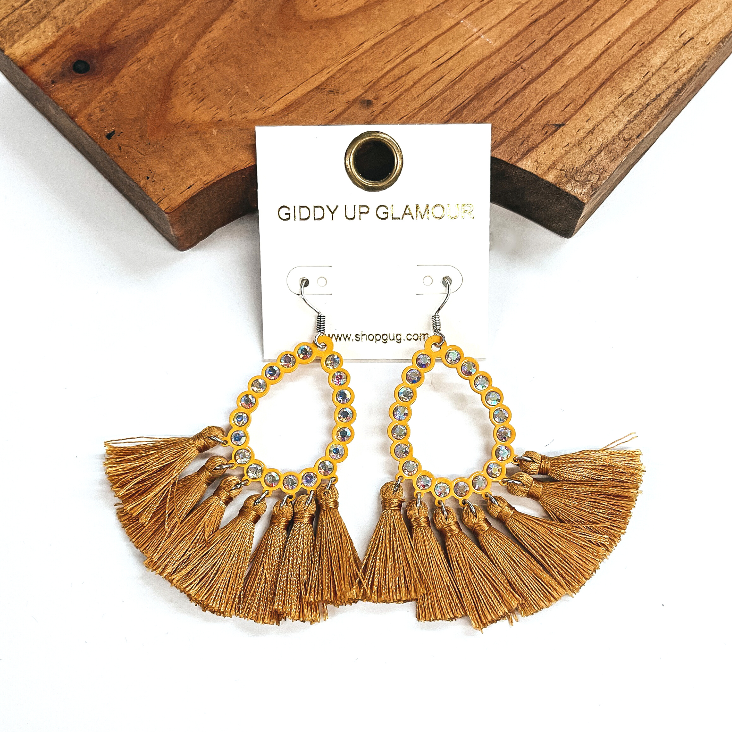 Small AB Crystal Teardrop Earrings with Tassel Trim in Mustard Yellow - Giddy Up Glamour Boutique