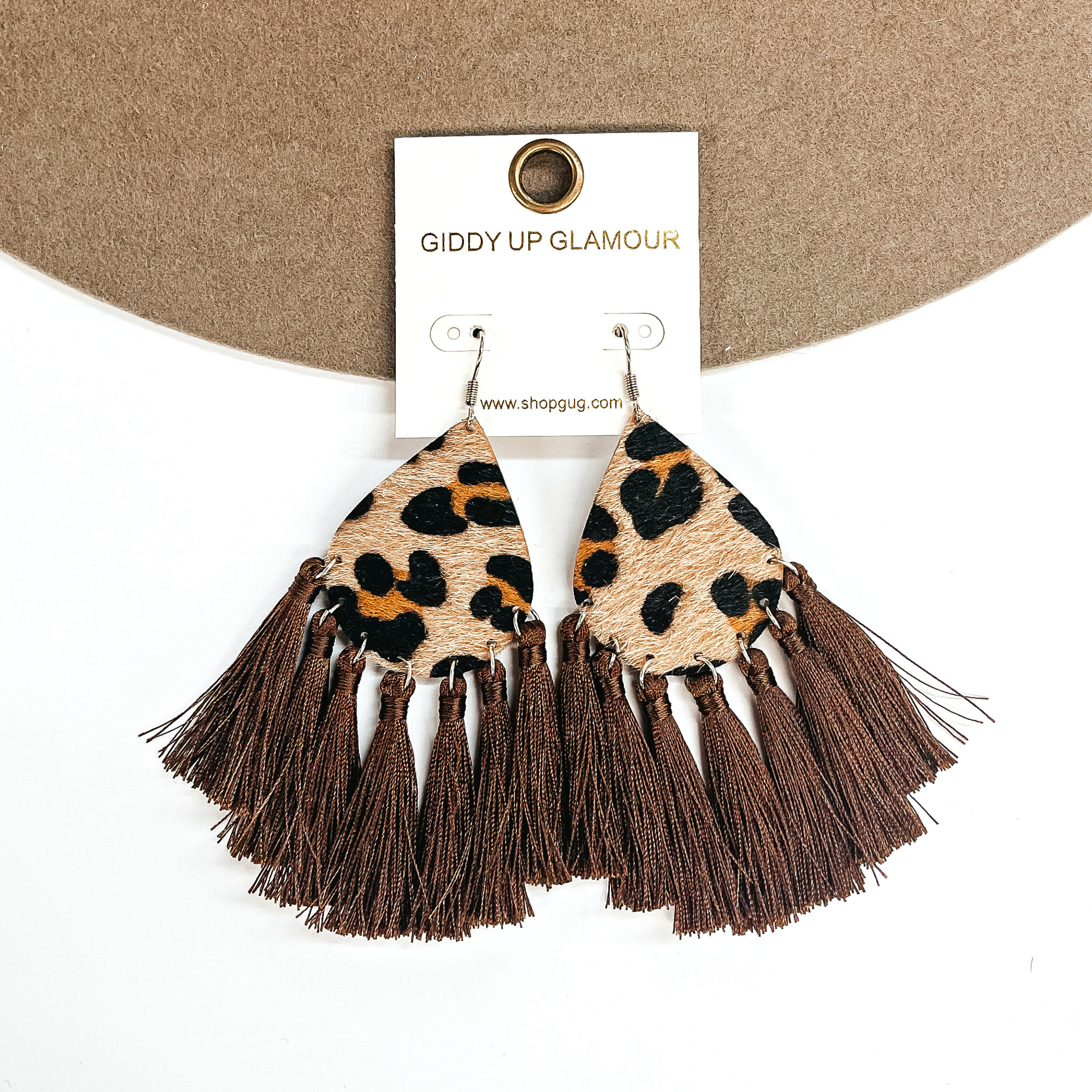 Leopard Teardrop Earrings with Tassel Trim in Brown - Giddy Up Glamour Boutique