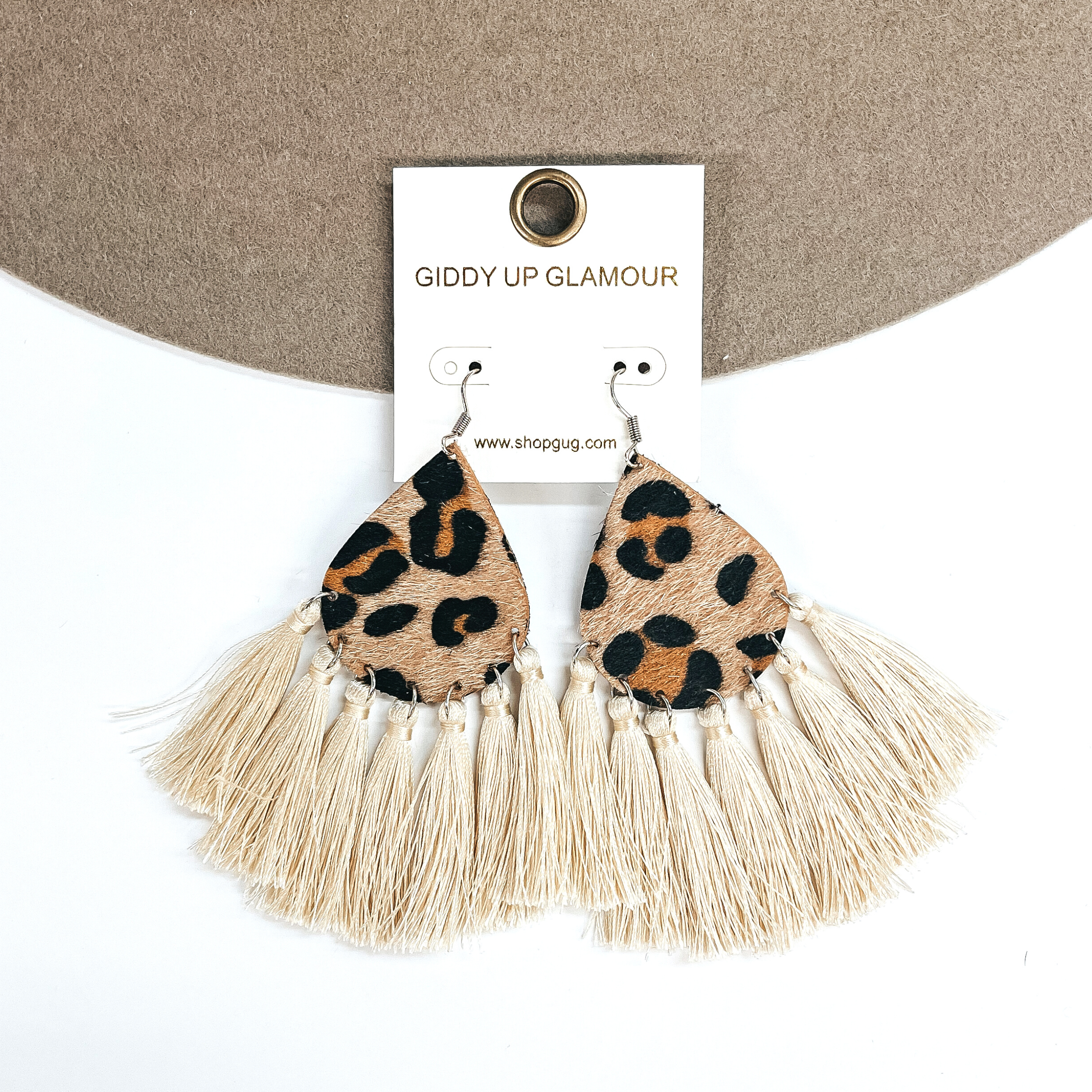 Last Chance | Leopard Teardrop Earrings with Tassel Trim in Ivory - Giddy Up Glamour Boutique