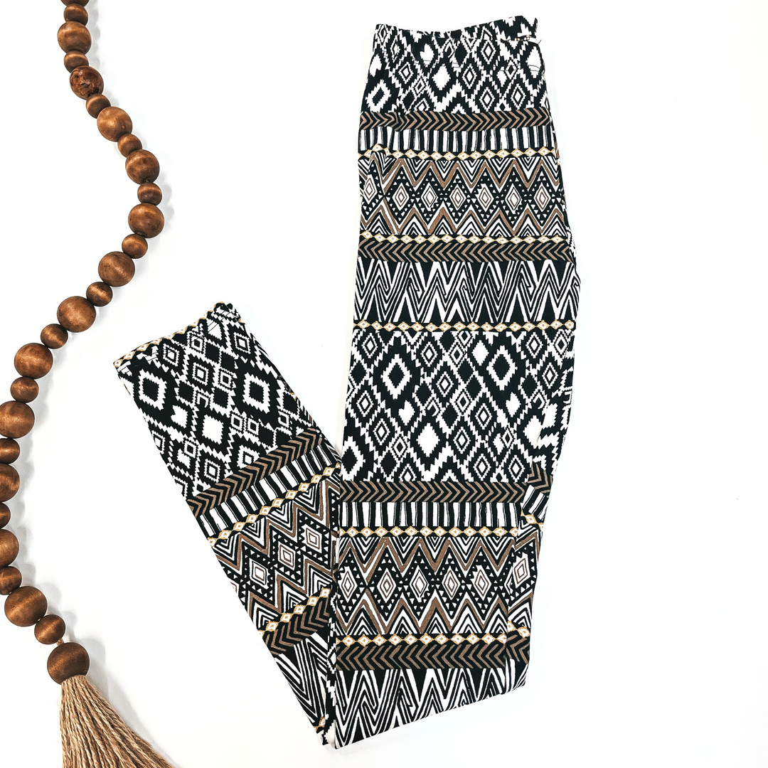 Tribal Print Leggings with Elastic Waistband in Black/White and Tan - Giddy Up Glamour Boutique