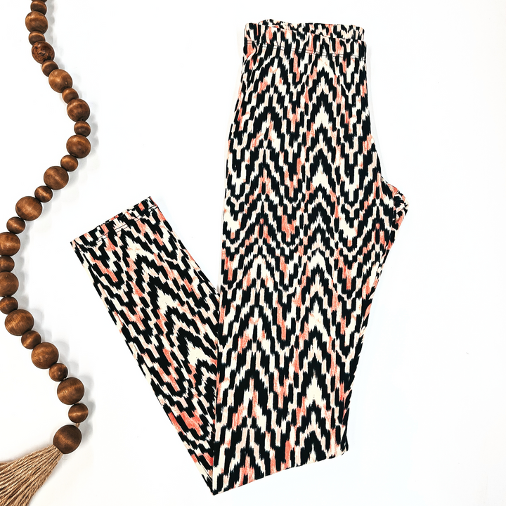Black, Ivory, and Peach Chevron Leggings with Elastic Waistband - Giddy Up Glamour Boutique