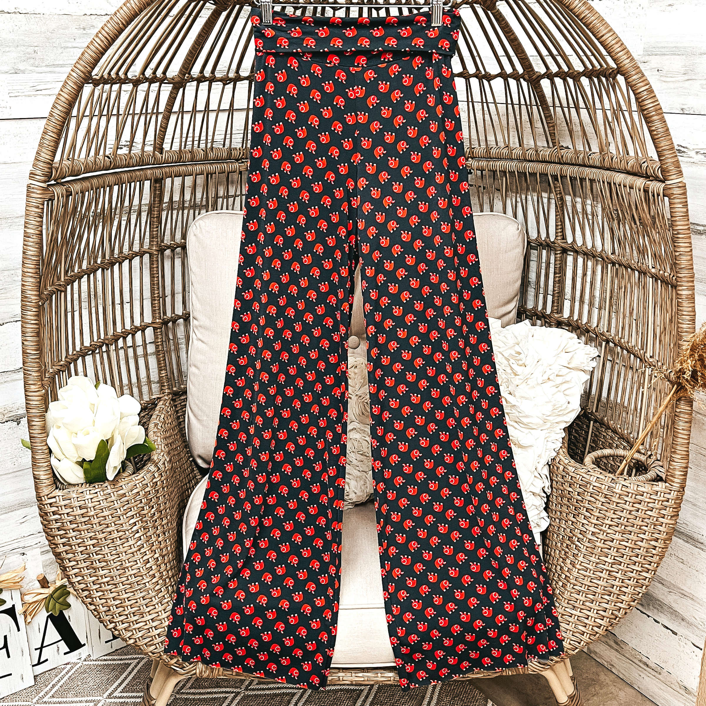 Elephant Print Wide Leg Pants in Black and Red - Giddy Up Glamour Boutique