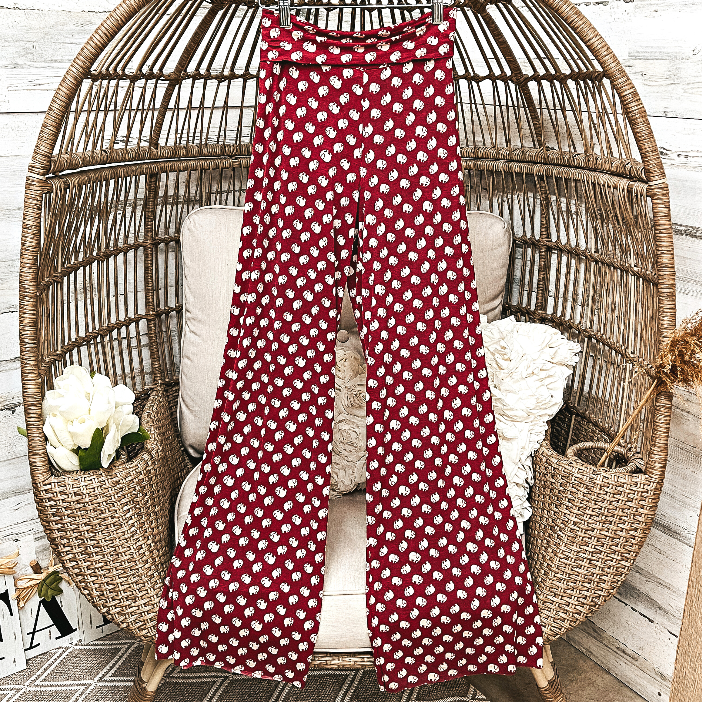 Elephant Print Wide Leg Pants in Maroon and White - Giddy Up Glamour Boutique