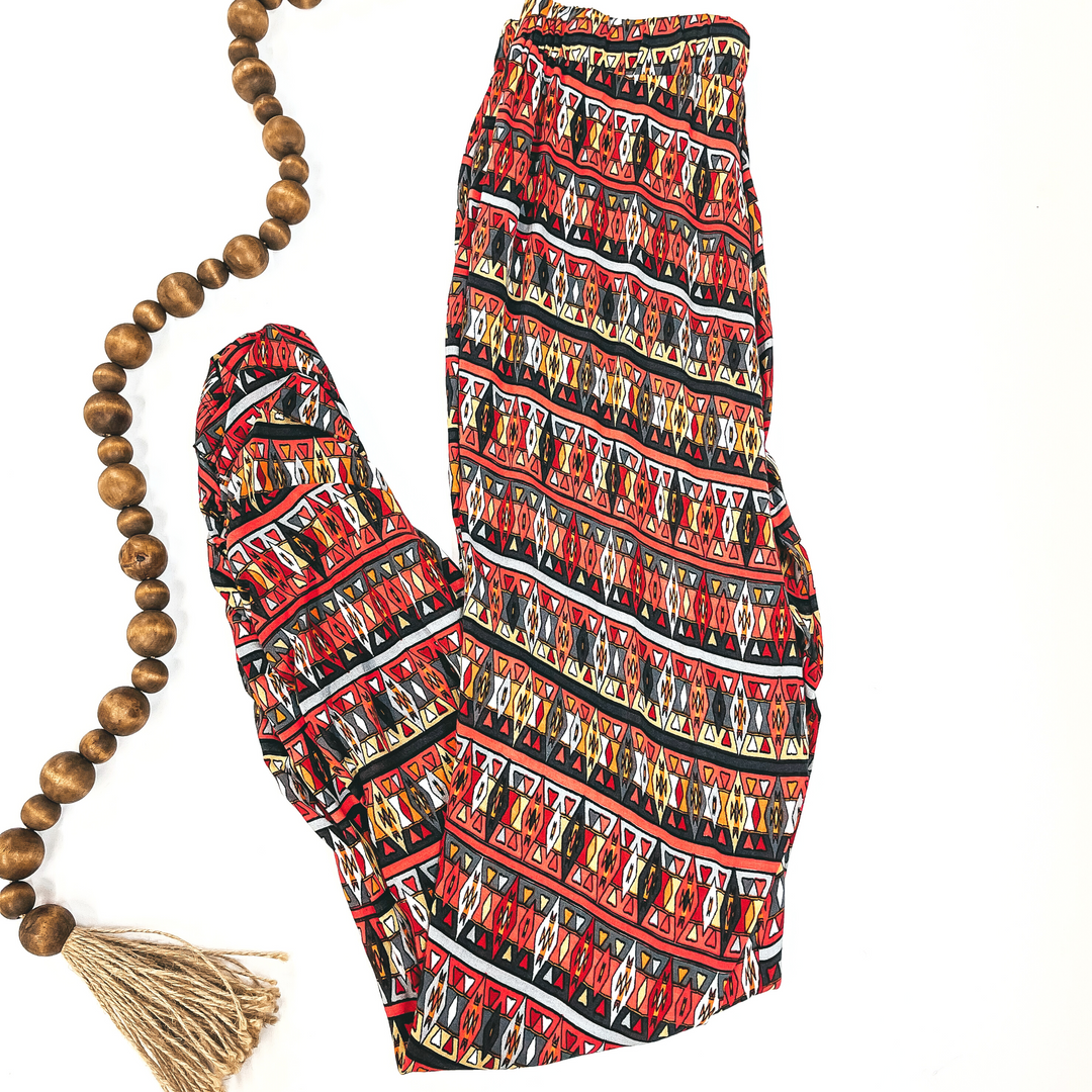 Tribal Print Pants with Ruched Bottom Sides in Red and Grey Mix - Giddy Up Glamour Boutique