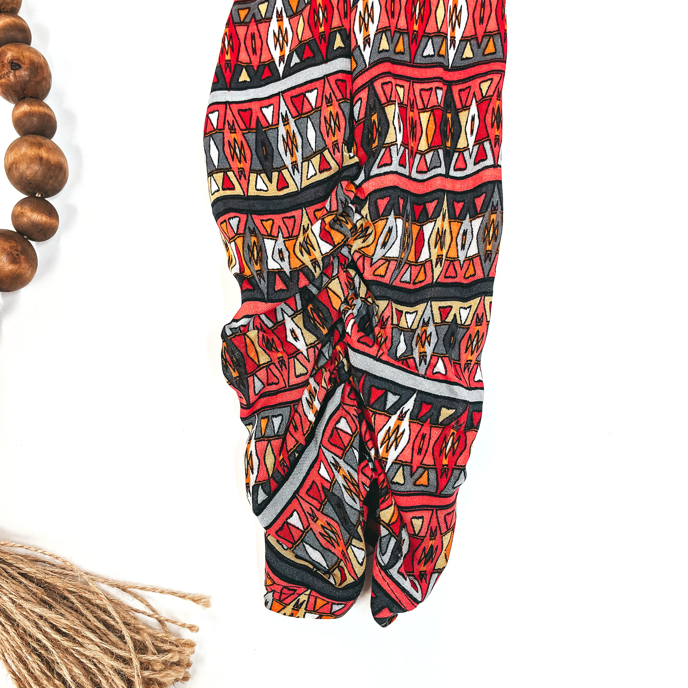Tribal Print Pants with Ruched Bottom Sides in Red and Grey Mix - Giddy Up Glamour Boutique