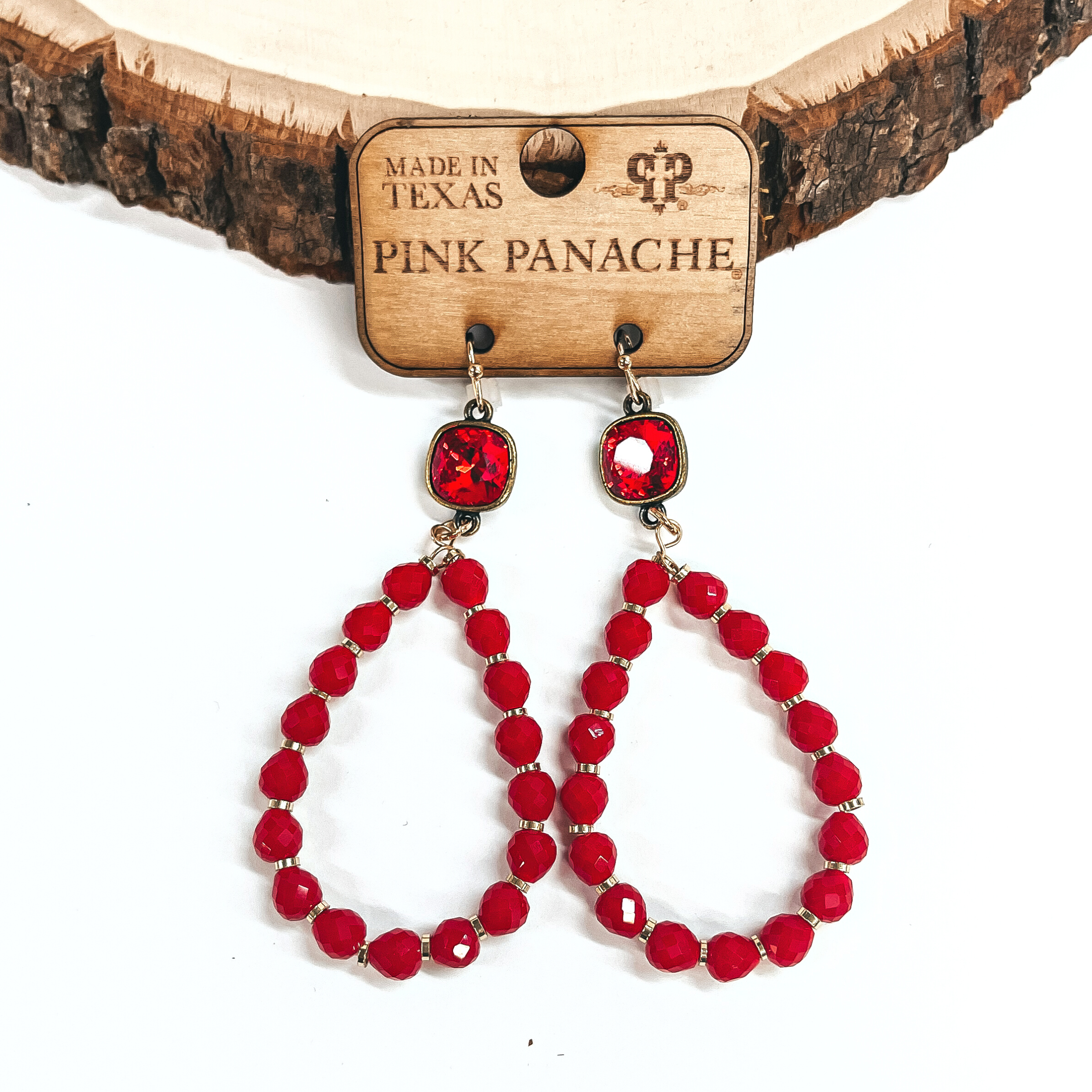 Pink Panache | Red Beaded Teardrop Earrings with Red Cushion Cut Crystal Crystal - Giddy Up Glamour Boutique