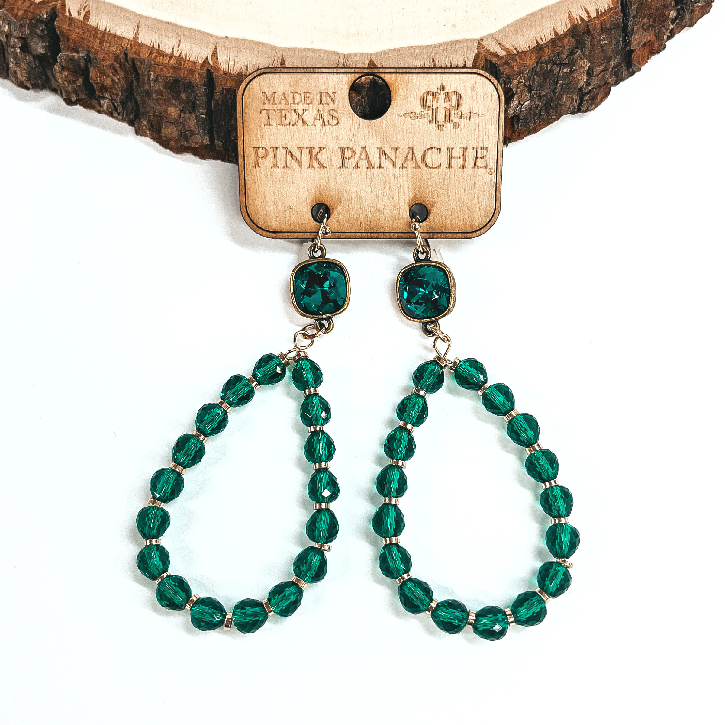 Pink Panache | Green Beaded Teardrop Earrings with Emerald Green Cushion Cut Crystal - Giddy Up Glamour Boutique