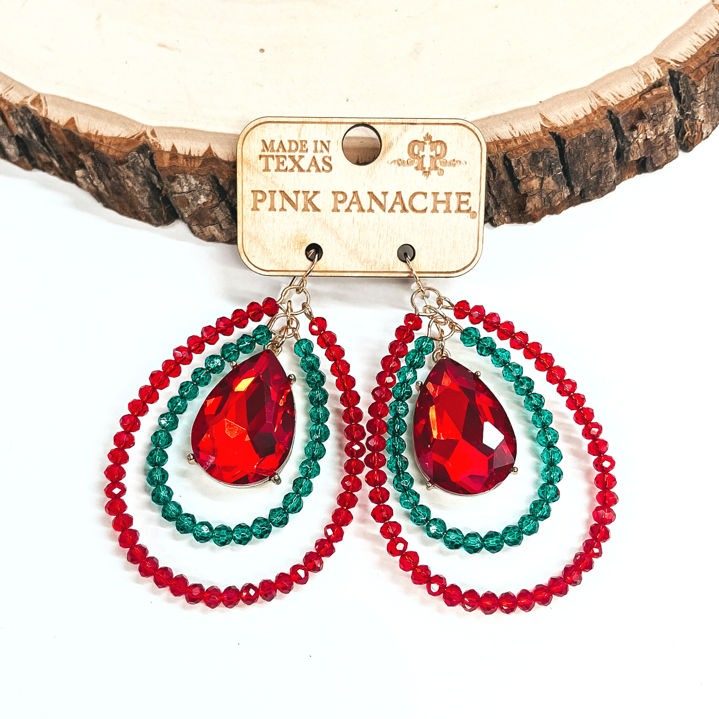 Pink Panache | Red and Green Layered Beaded Teardrop Earrings with Red Teardrop Crystal - Giddy Up Glamour Boutique