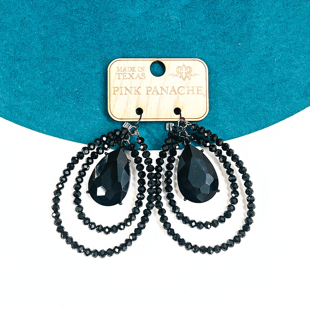 Pink Panache | Black Crystal Layered Beaded Teardrop Earrings with Black Teardrop Crystal - Giddy Up Glamour Boutique