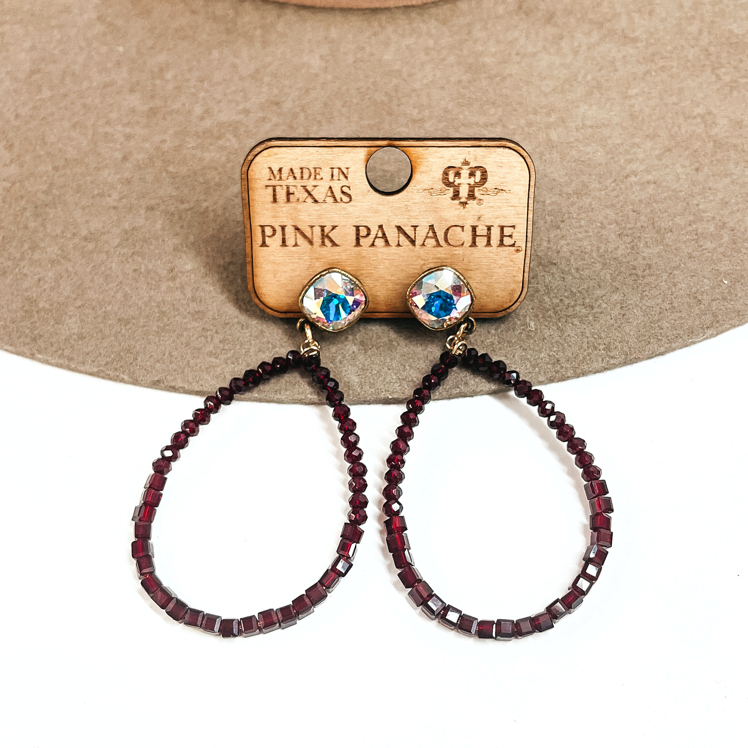 Pink Panache | AB Cushion Cut Post Earrings with Burgundy Beaded Teardrop - Giddy Up Glamour Boutique