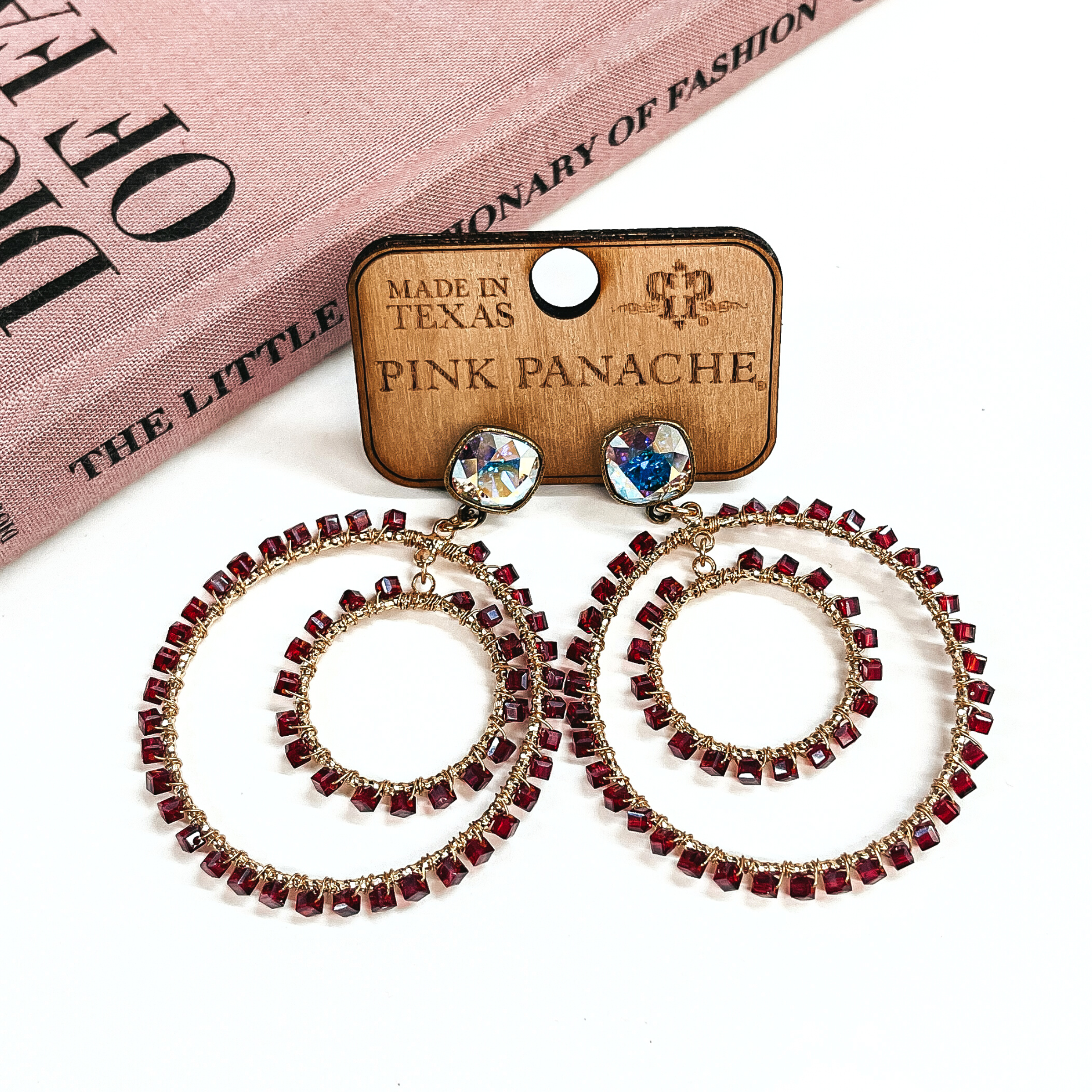 Pink Panache | AB Cushion Cut Crystal Earrings with Burgundy Beaded Double Circle Drop in Gold Tone - Giddy Up Glamour Boutique