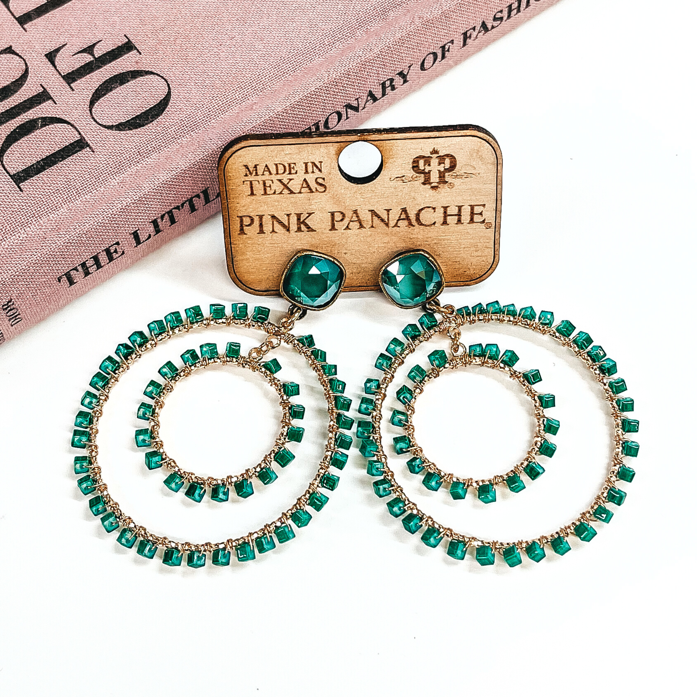 Pink Panache | Royal Green Cushion Cut Crystal Earrings with Green Beaded Double Circle Drop in Gold Tone - Giddy Up Glamour Boutique