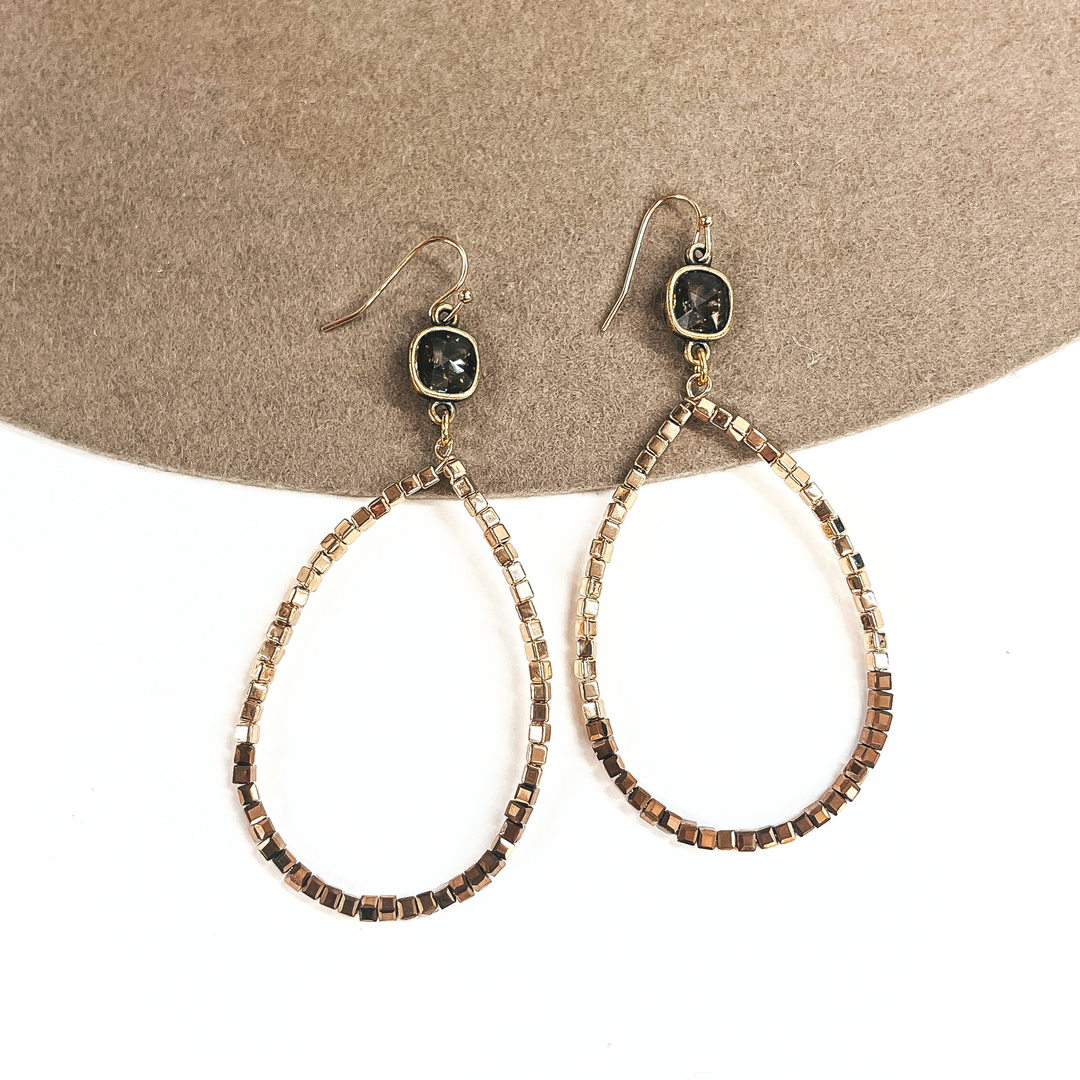 Pink Panache | Square Beaded Teardrop Earrings in Gold Tone and Brown with Light Colorado Ignite Cushion Cut - Giddy Up Glamour Boutique