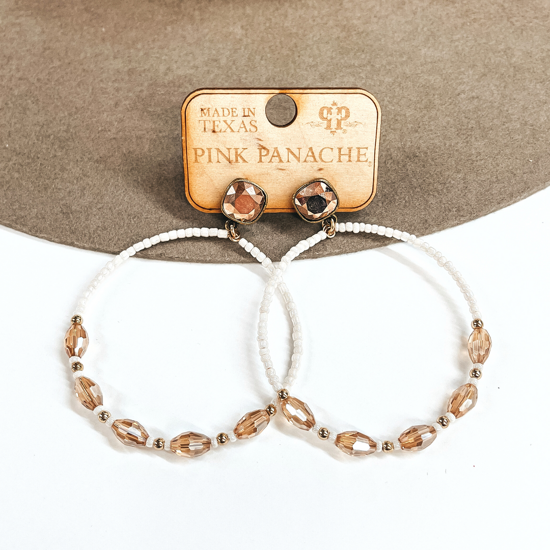 Pink Panache | Rose Gold Cushion Cut Post Back Earrings with Beaded Circle Drop in White and Champagne - Giddy Up Glamour Boutique