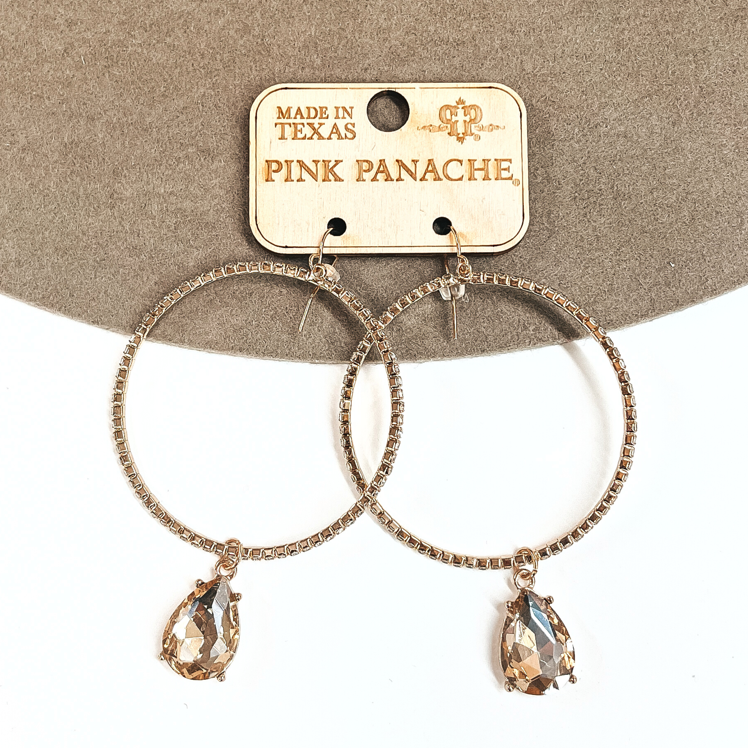 Pink Panache | Crystal Hoop Earrings with Light Silk Teardrop Crystal Dangle in Gold Tone - Giddy Up Glamour Boutique