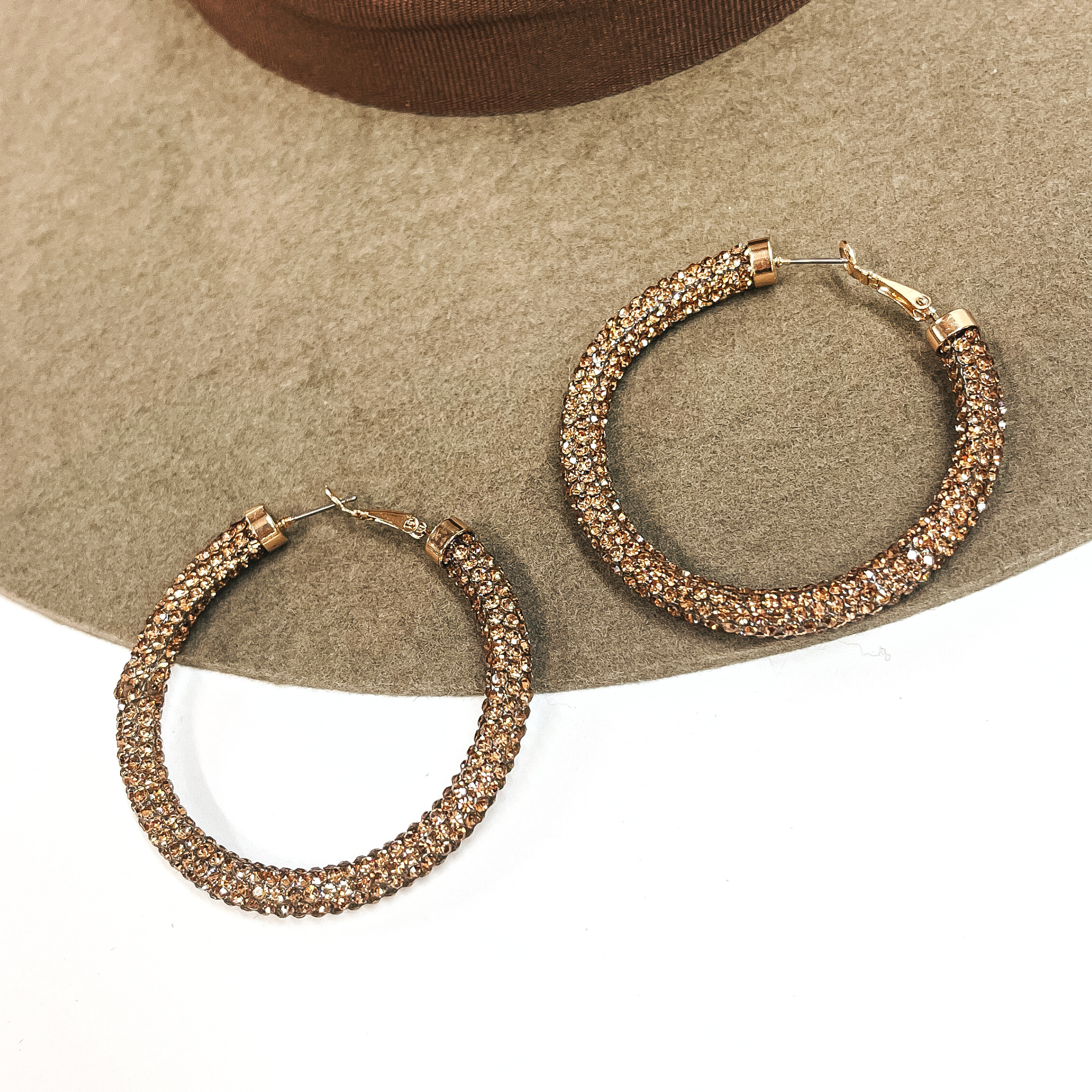 Pink Panache | Gold Tone Hoop Earrings with Golden Shadow Crystal Mesh - Giddy Up Glamour Boutique