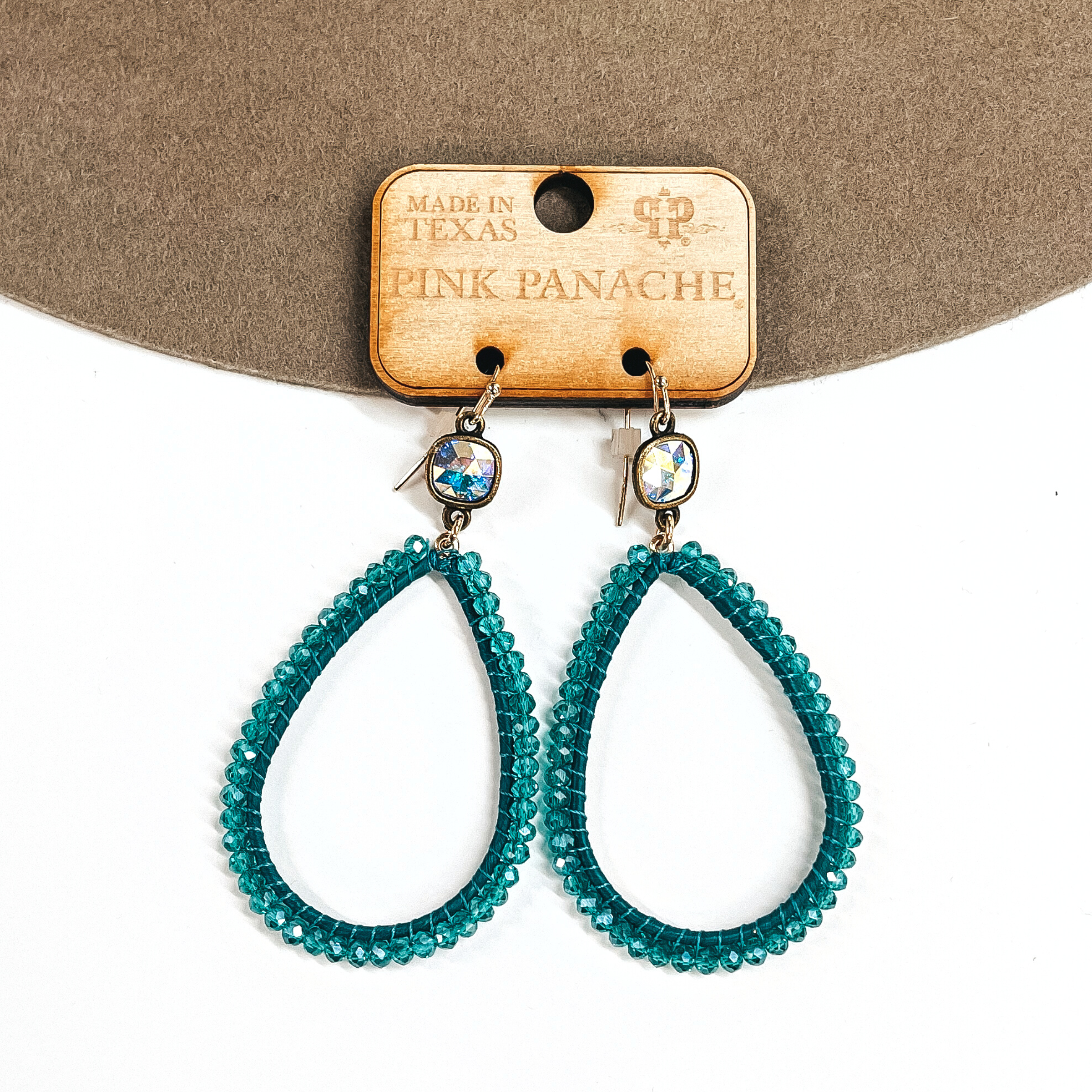 Pink Panache | Teal Crystal Beaded Wrapped Teardrop Earrings with Ab Cushion Cut - Giddy Up Glamour Boutique