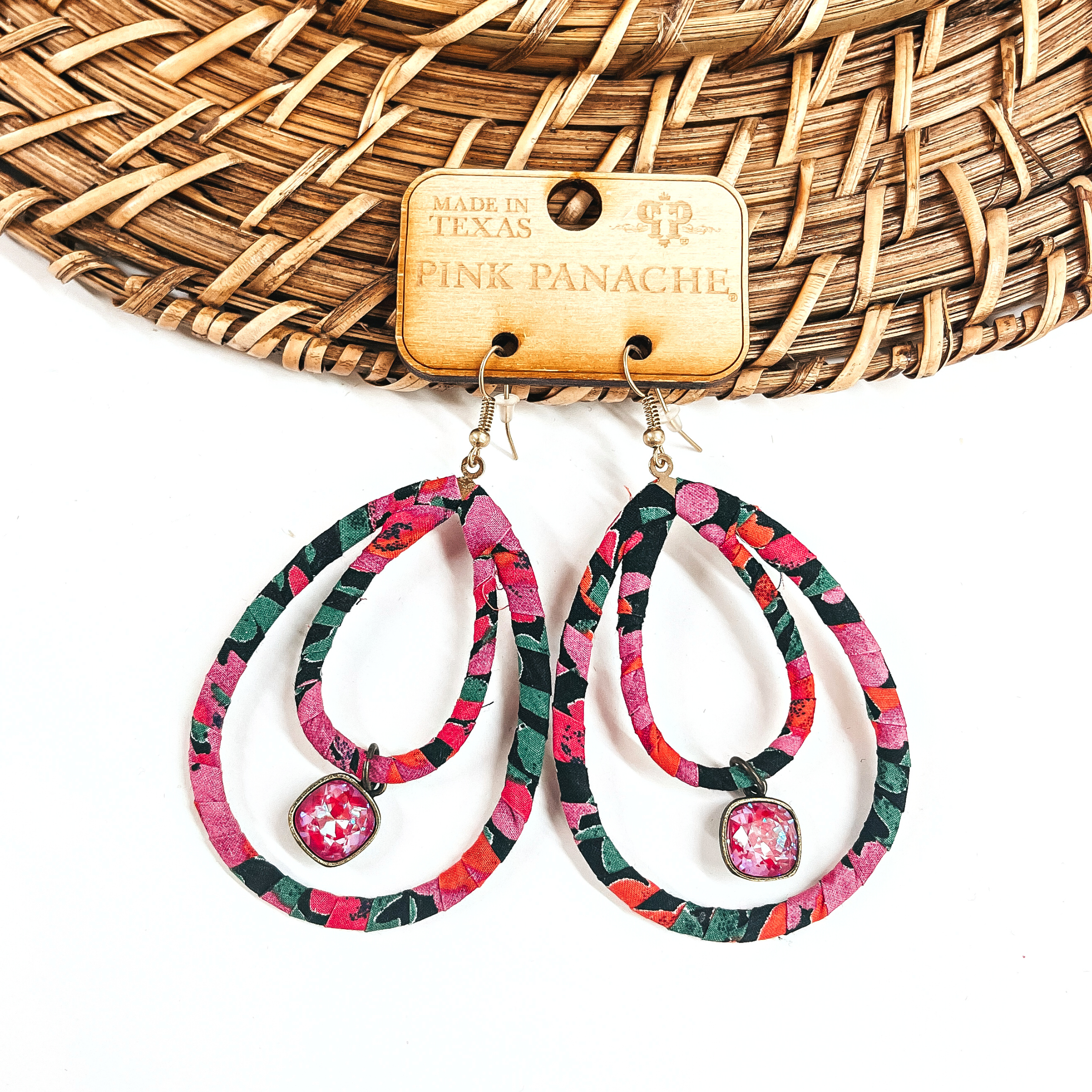 Pink Panache | Floral Print Layered Teardrop Earrings with Royal Red Delight Cushion Cut Charm - Giddy Up Glamour Boutique