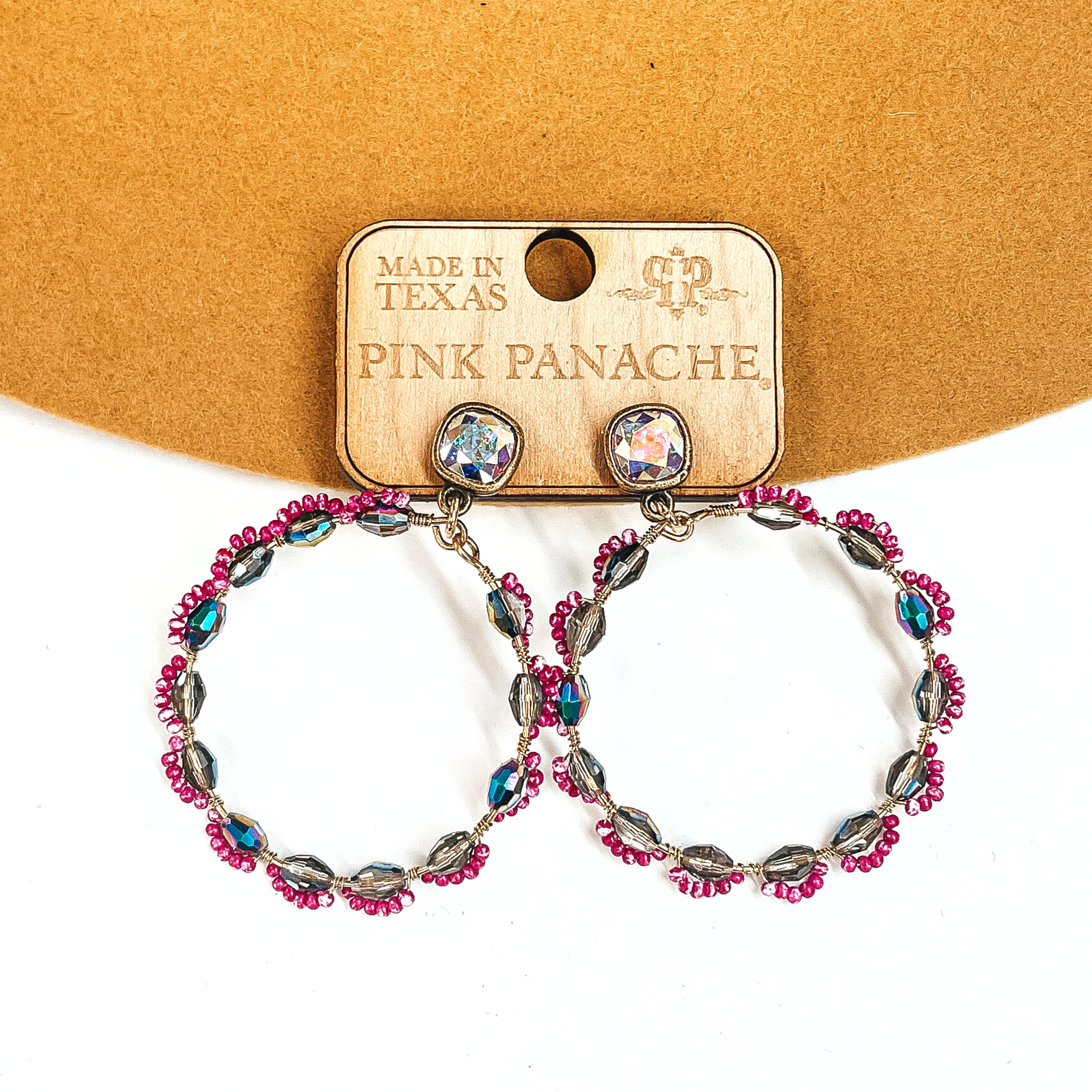 Pink Panache | AB Cushion Cut Post Back Earrings with Dark Rainbow and Fuchsia Beaded Circle Drop - Giddy Up Glamour Boutique