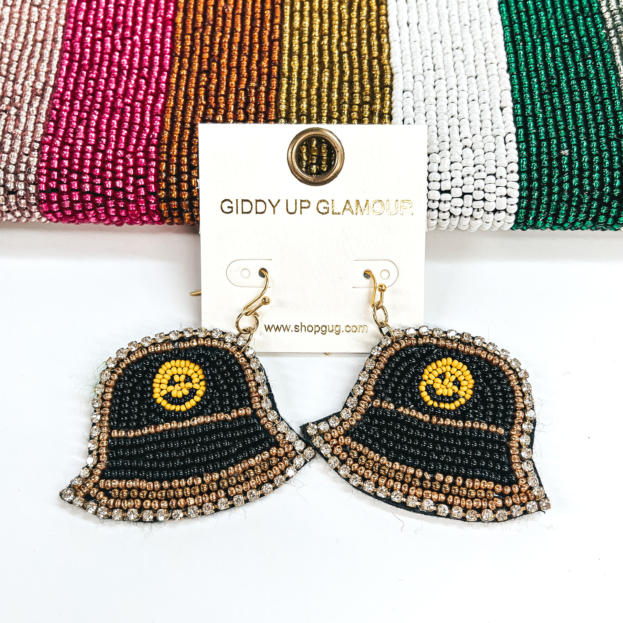Time To Travel Bucket Hat Beaded Earrings with Happy Face and Clear Rhinestones in Black and Gold Tone - Giddy Up Glamour Boutique