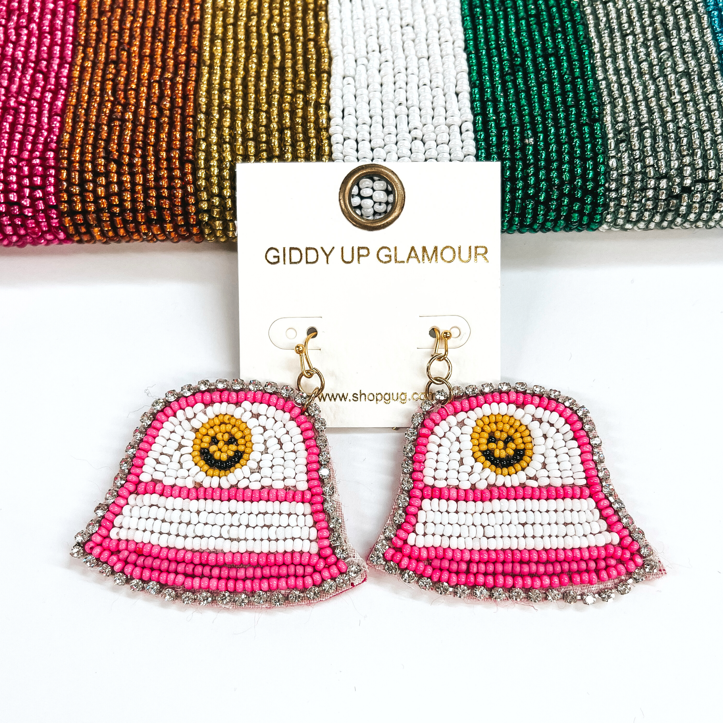 Time To Travel Bucket Hat Beaded Earrings with Happy Face and Clear Rhinestones in White and Hot Pink