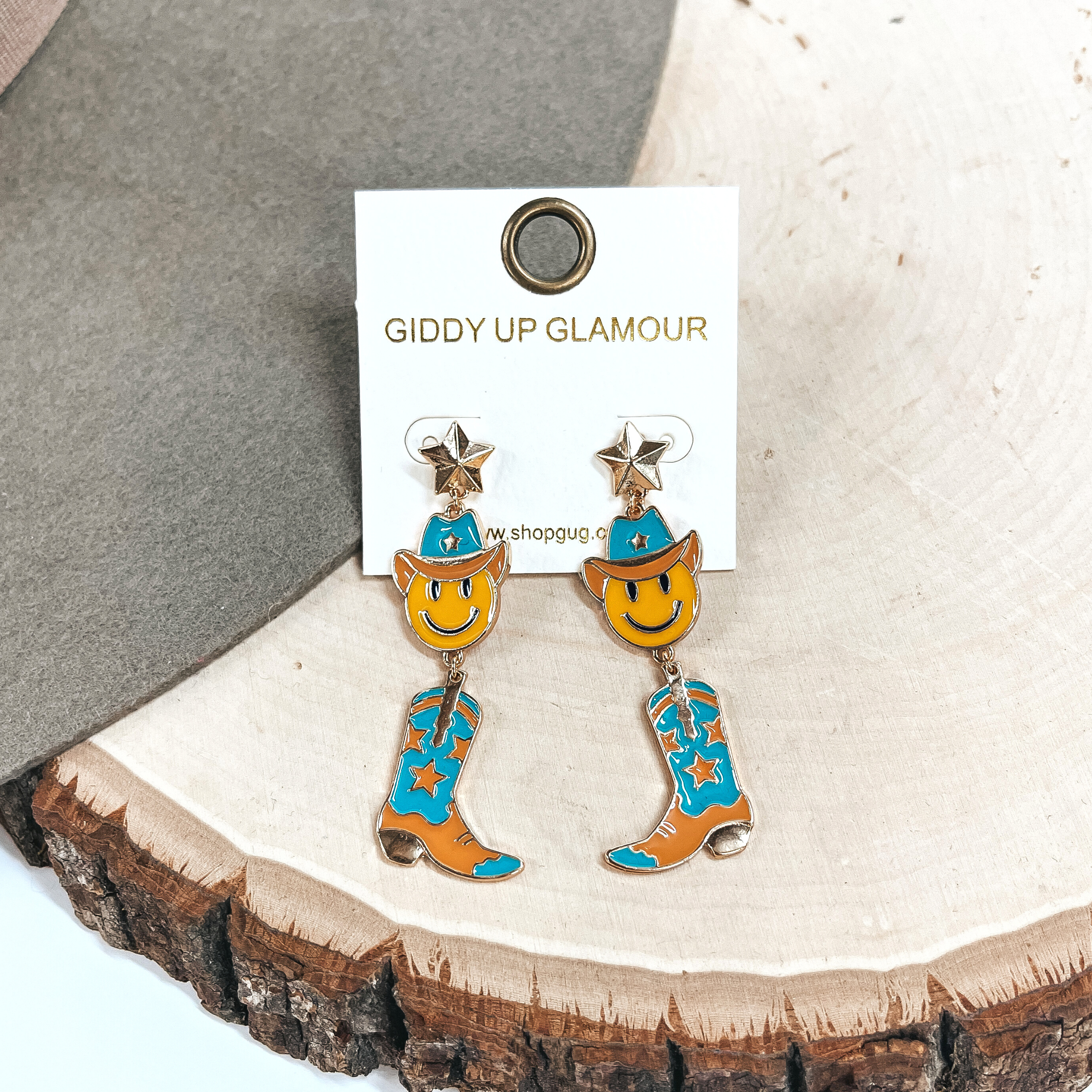 On The Fly Gold Tone Star Post Earrings with Happy Face Cowboy and Boot Pendant Earrings in Turquoise