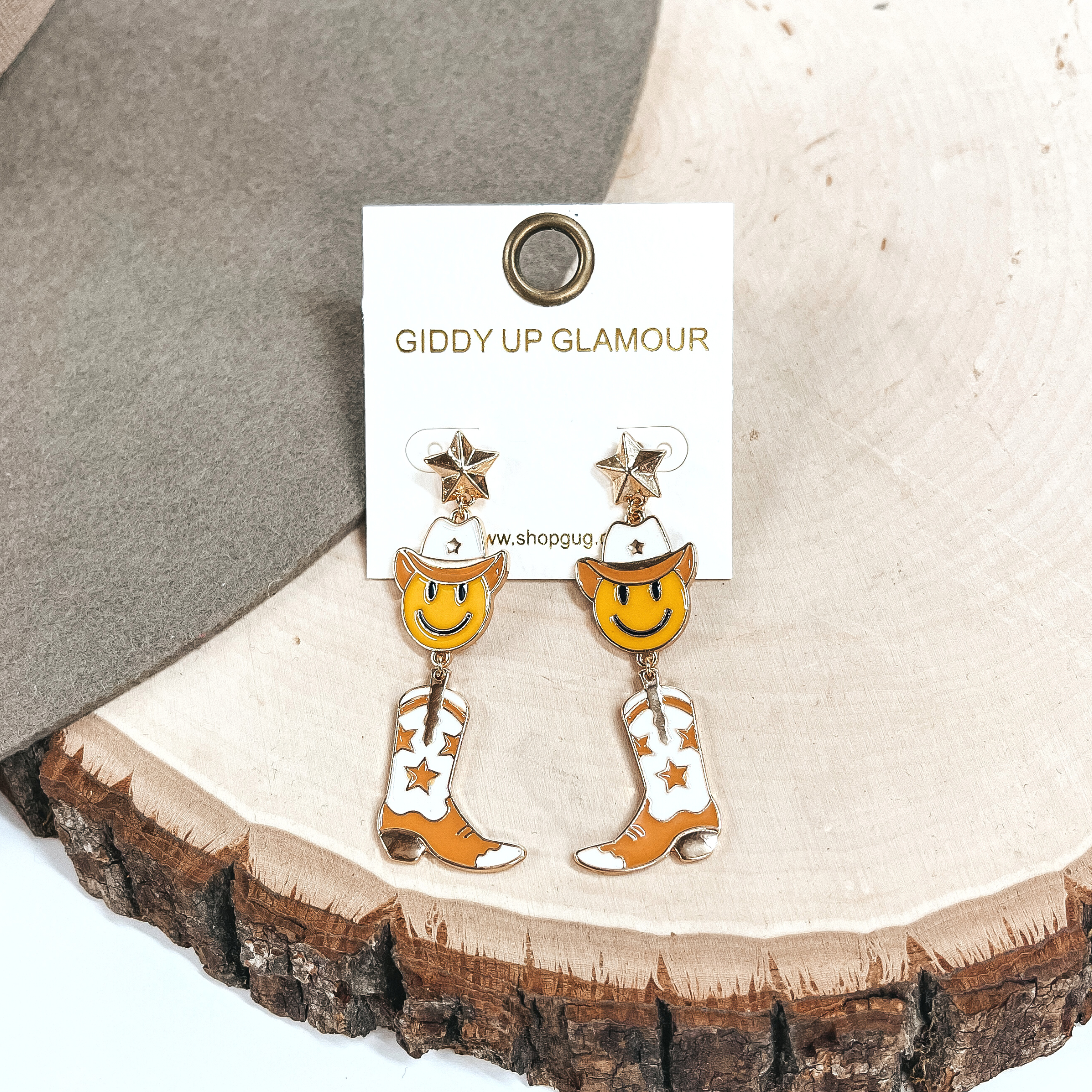 On The Fly Gold Tone Star Post Earrings with Happy Face Cowboy and Boot Pendant Earrings in Ivory - Giddy Up Glamour Boutique