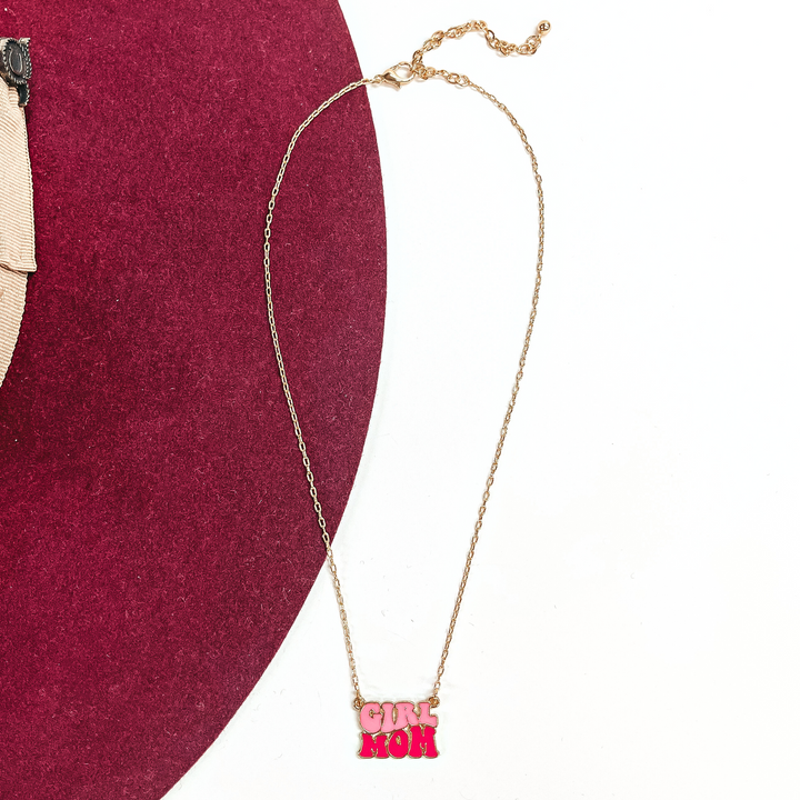 Girl Mom Gold Tone Necklace in Pink - Giddy Up Glamour Boutique