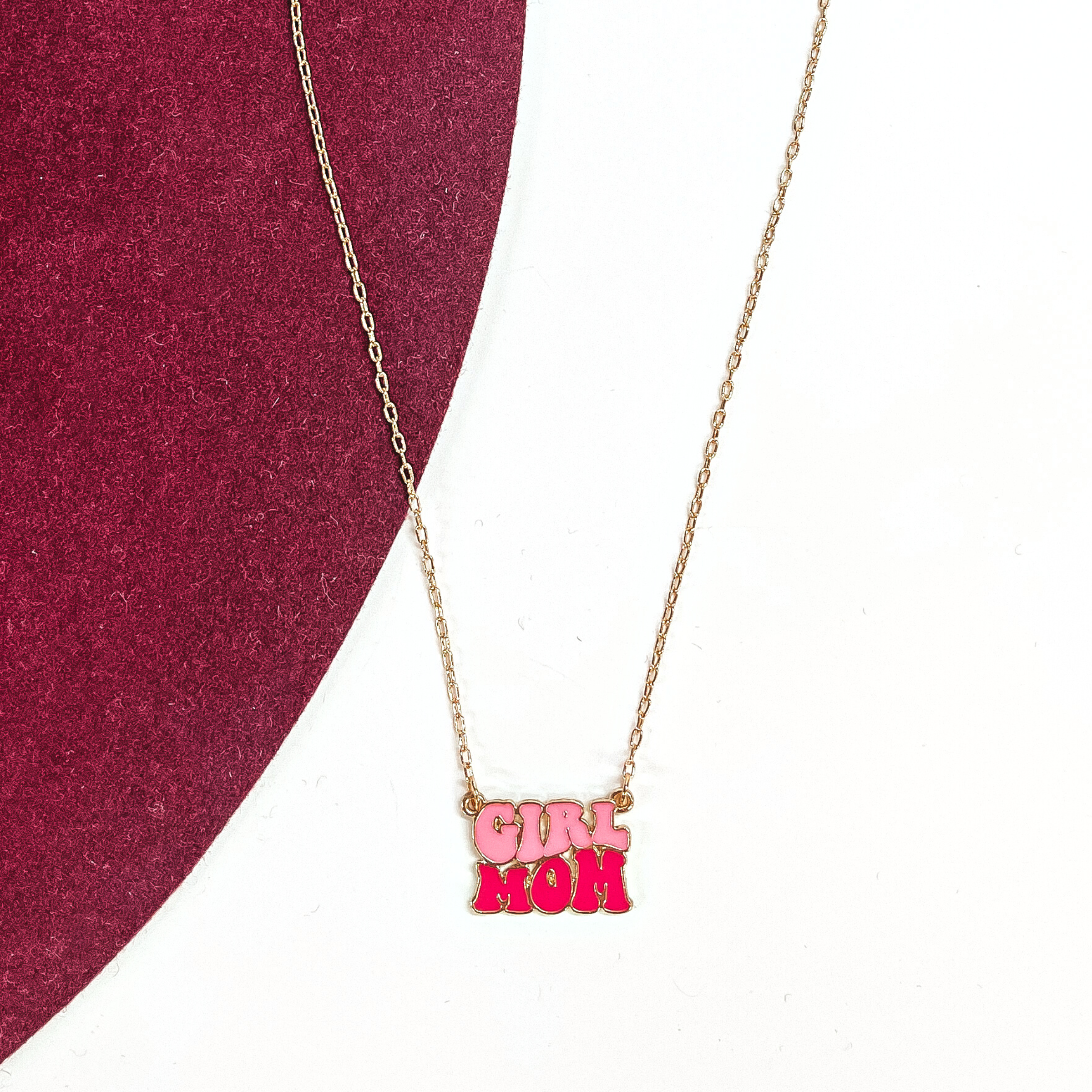 Girl Mom Gold Tone Necklace in Pink - Giddy Up Glamour Boutique