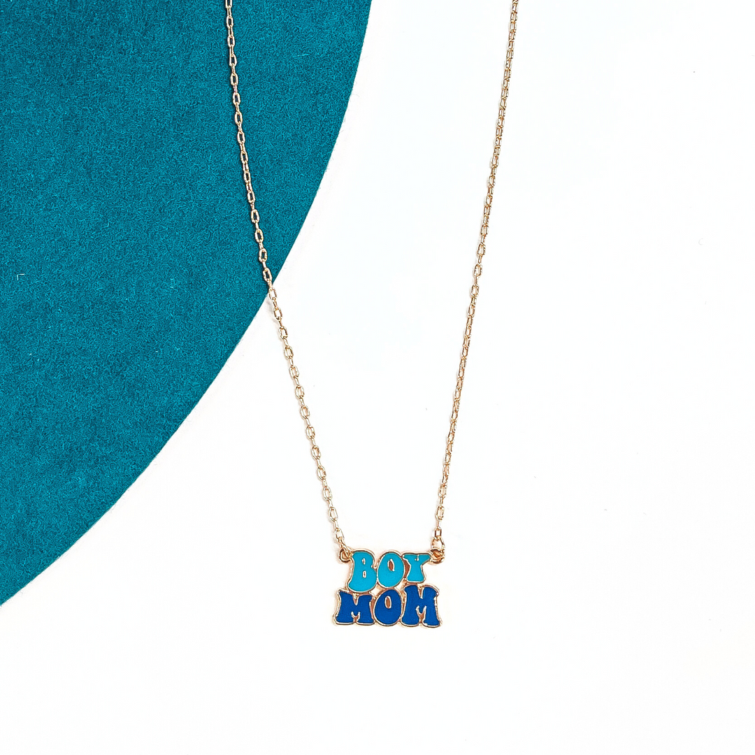 Boy Mom Gold Tone Necklace in Blue - Giddy Up Glamour Boutique