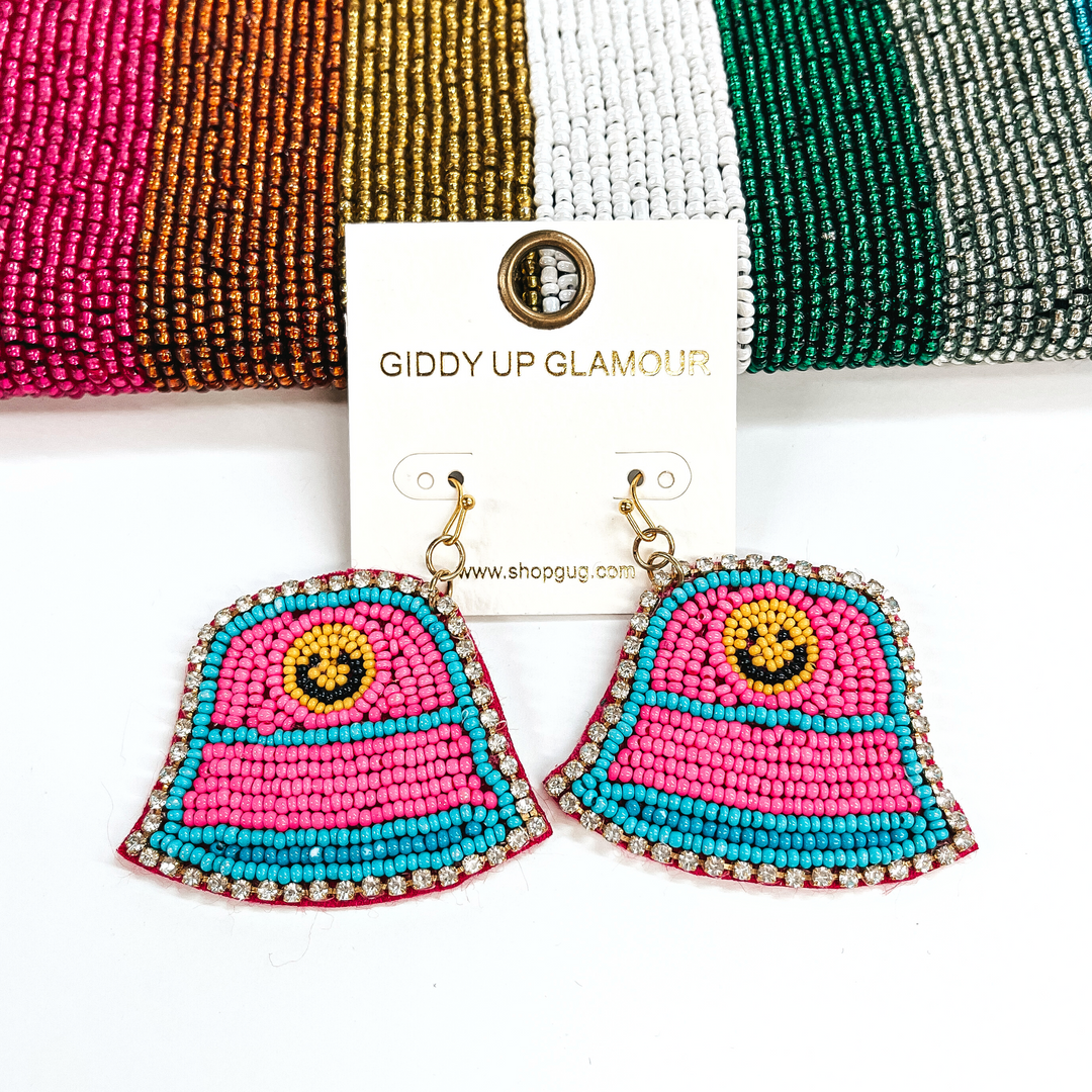 Time To Travel Bucket Hat Beaded Earrings with Happy Face and Clear Rhinestones in Hot Pink and Turquoise - Giddy Up Glamour Boutique