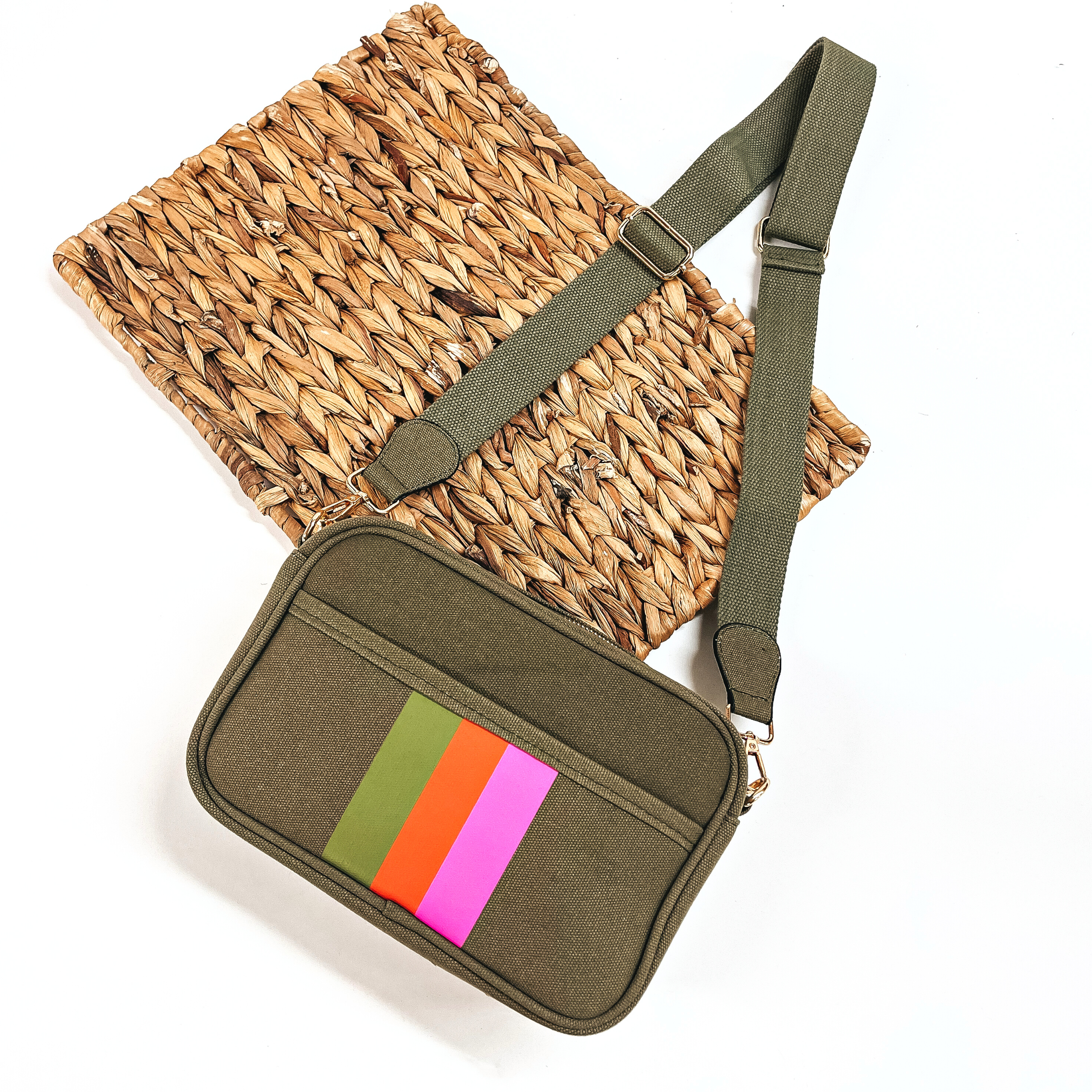 Special Treat Multicolored Striped Crossbody Bag in Olive Green - Giddy Up Glamour Boutique