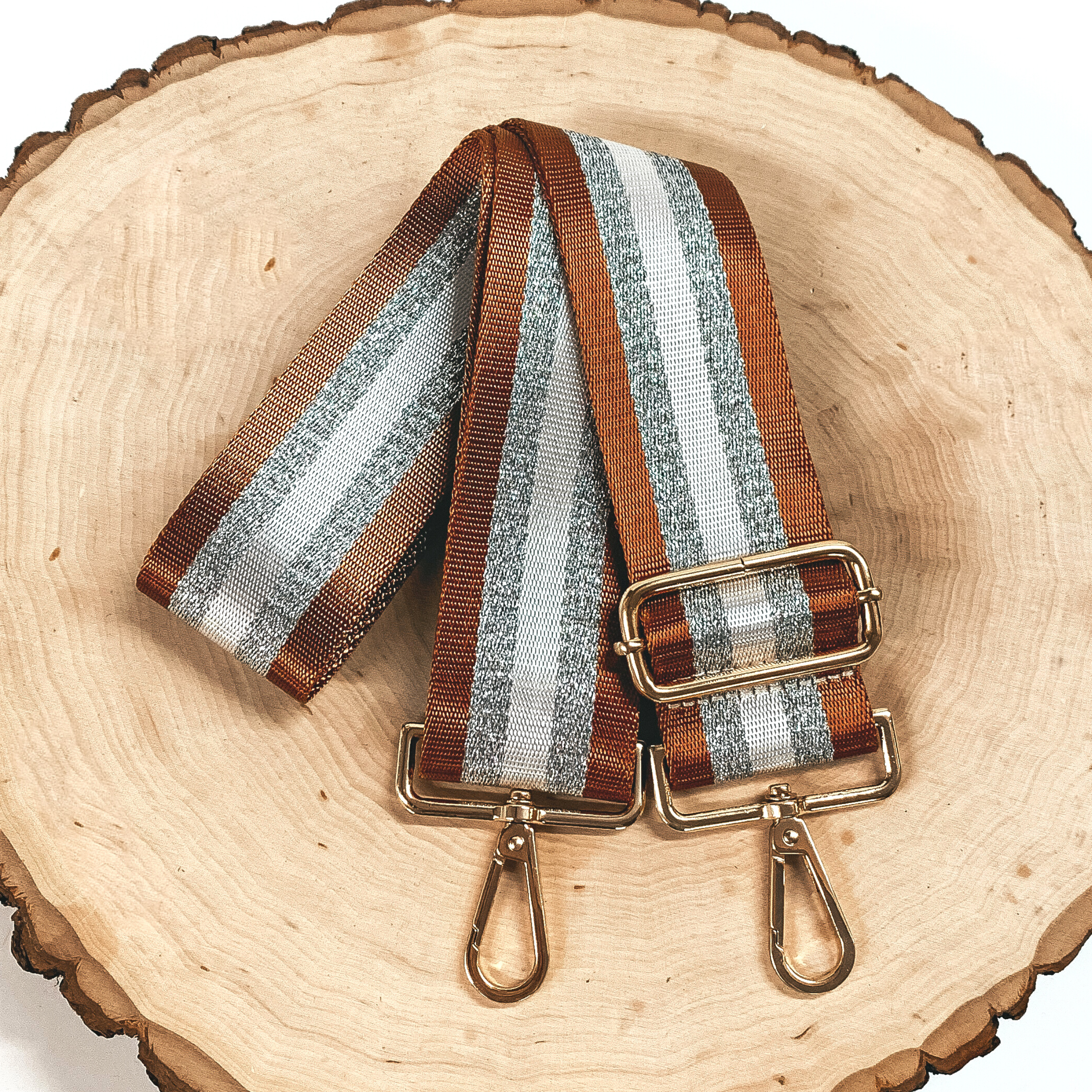 Multicolored Striped Adjustable Purse Strap in Camel Brown, White, and Silver - Giddy Up Glamour Boutique