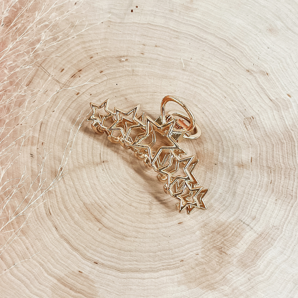 This is a gold clips with different size stars all across on both sides. This clip is taken on a slab of wood with a pink plant in the side as decor.