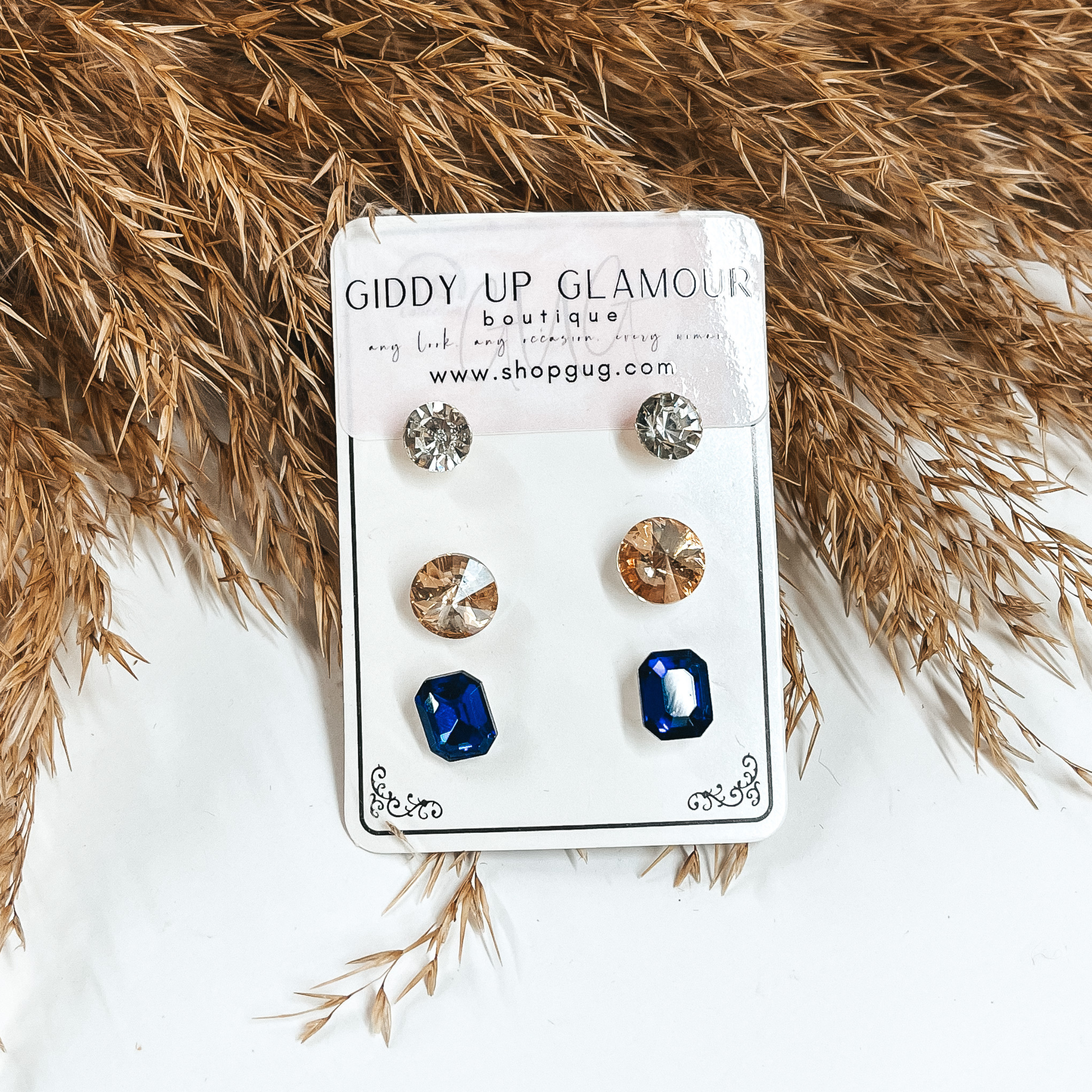 Buy 3 for $10 | Pack of Three | Faux Crystal Stud Earrings in Rectangles - Giddy Up Glamour Boutique