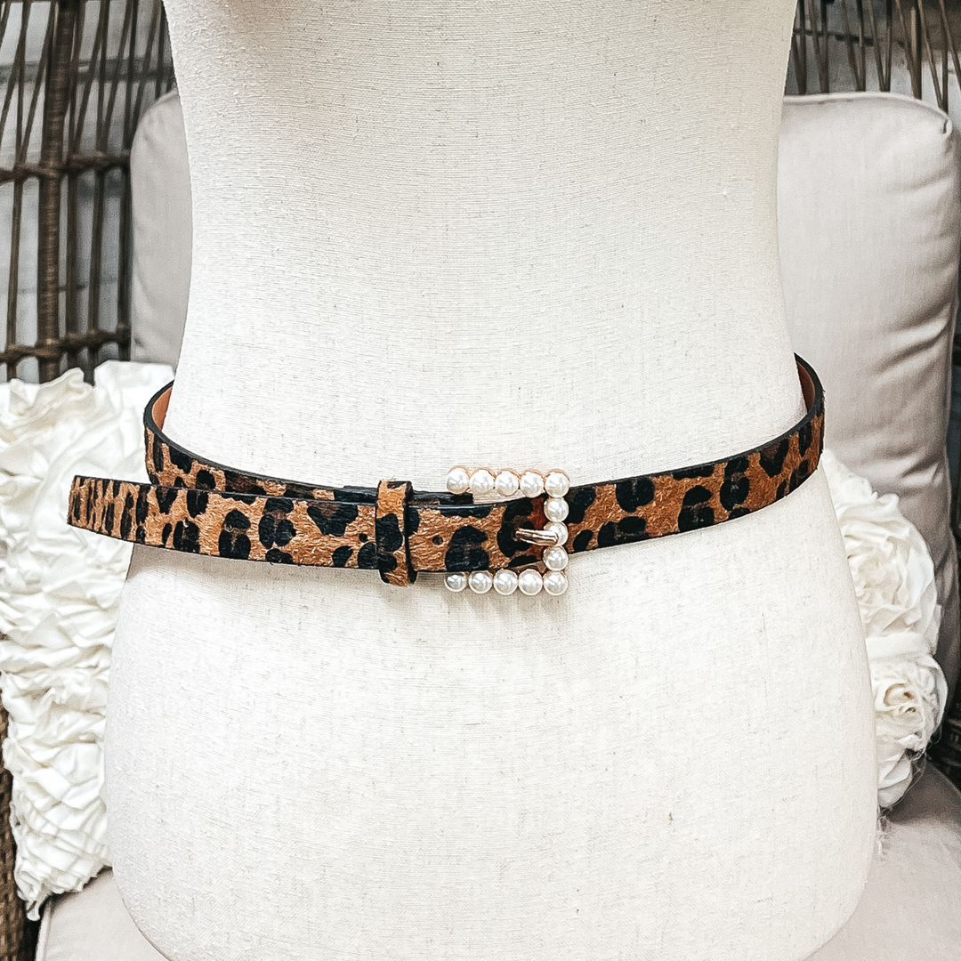 Set of Three | Pearl Embellished Buckle Fashion Belts in Leopard Print Hide, Red, and Black - Giddy Up Glamour Boutique