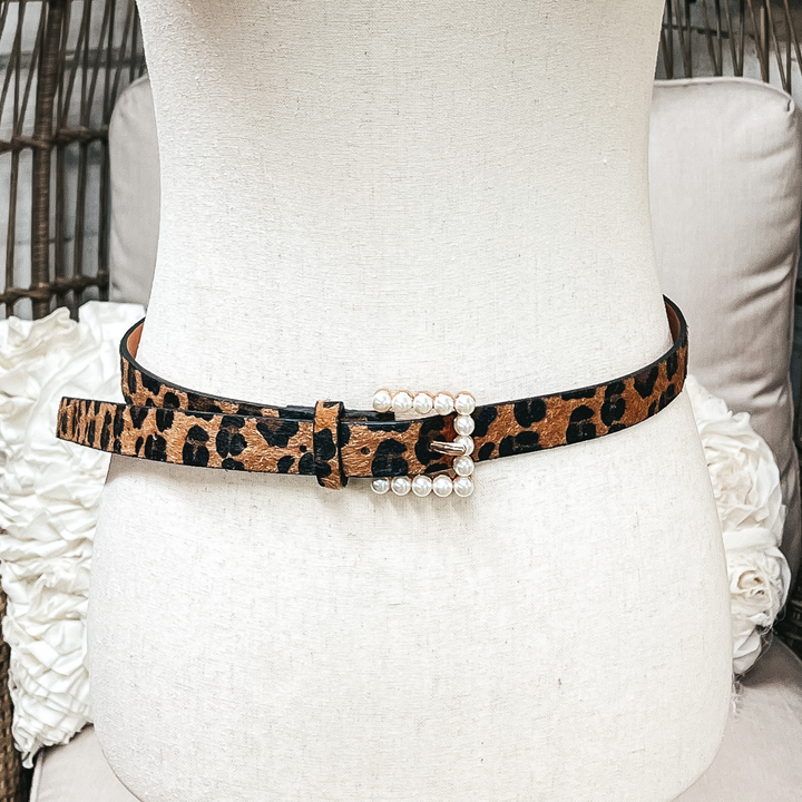 Set of Three | Pearl Embellished Buckle Fashion Belts in Leopard Print Hide, Red, and Black - Giddy Up Glamour Boutique