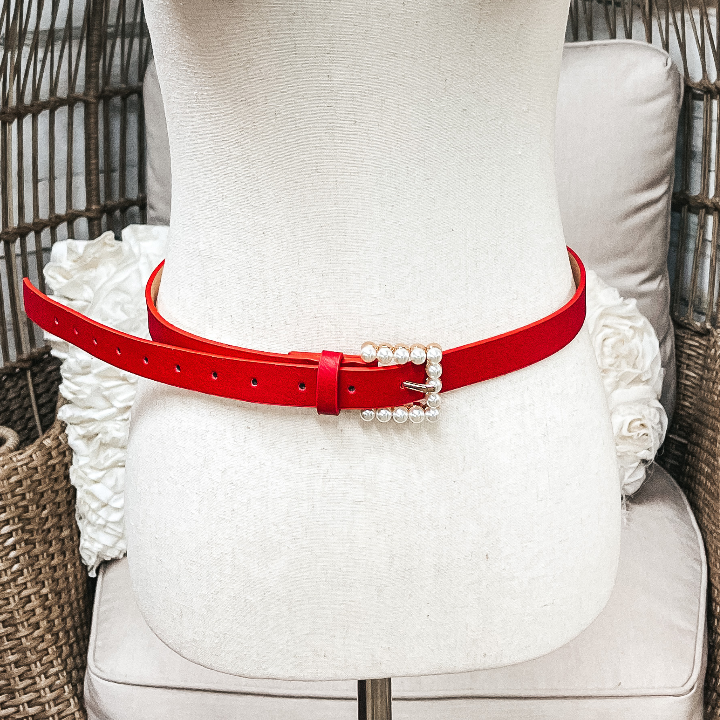 Set of Three | Pearl Embellished Buckle Fashion Belts in Leopard Print Hide, Red, and Black - Giddy Up Glamour Boutique