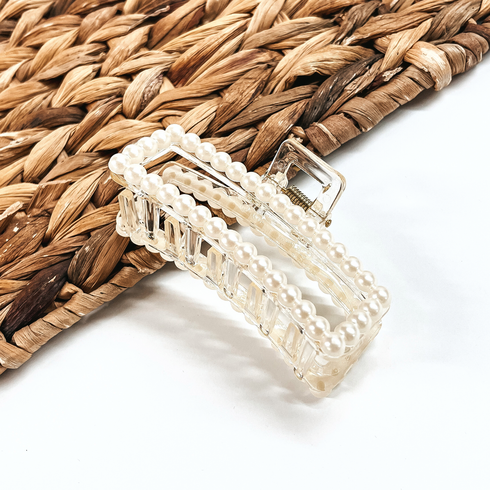 Large Clear Rectangle Pearl Embellished Clip - Giddy Up Glamour Boutique