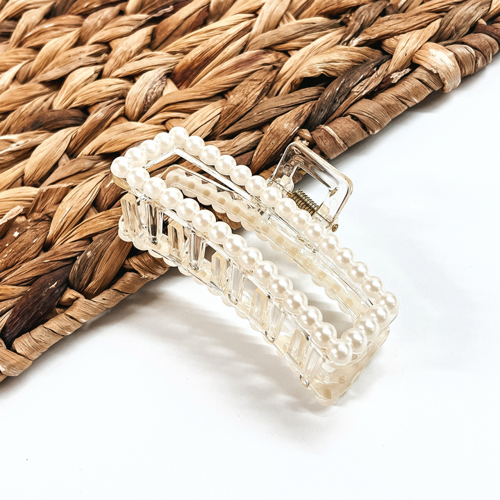 Large Clear Rectangle Pearl Embellished Clip - Giddy Up Glamour Boutique
