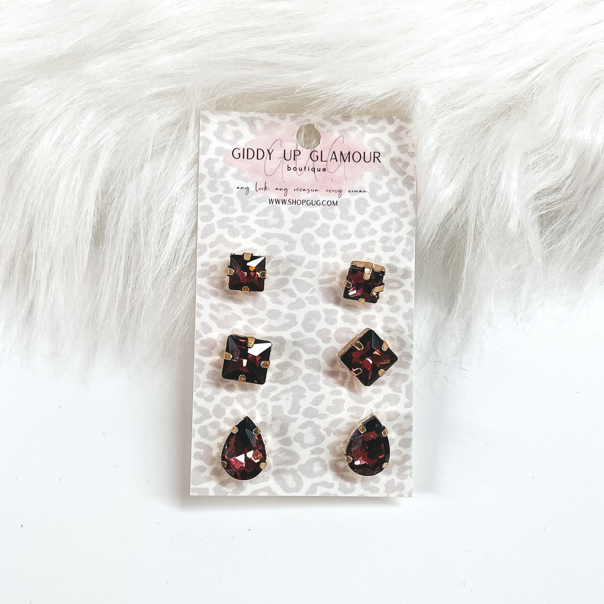 Buy 3 for $10 | Set of Three | Faux Crystal Stud Earrings in Gold Tone Setting - Giddy Up Glamour Boutique