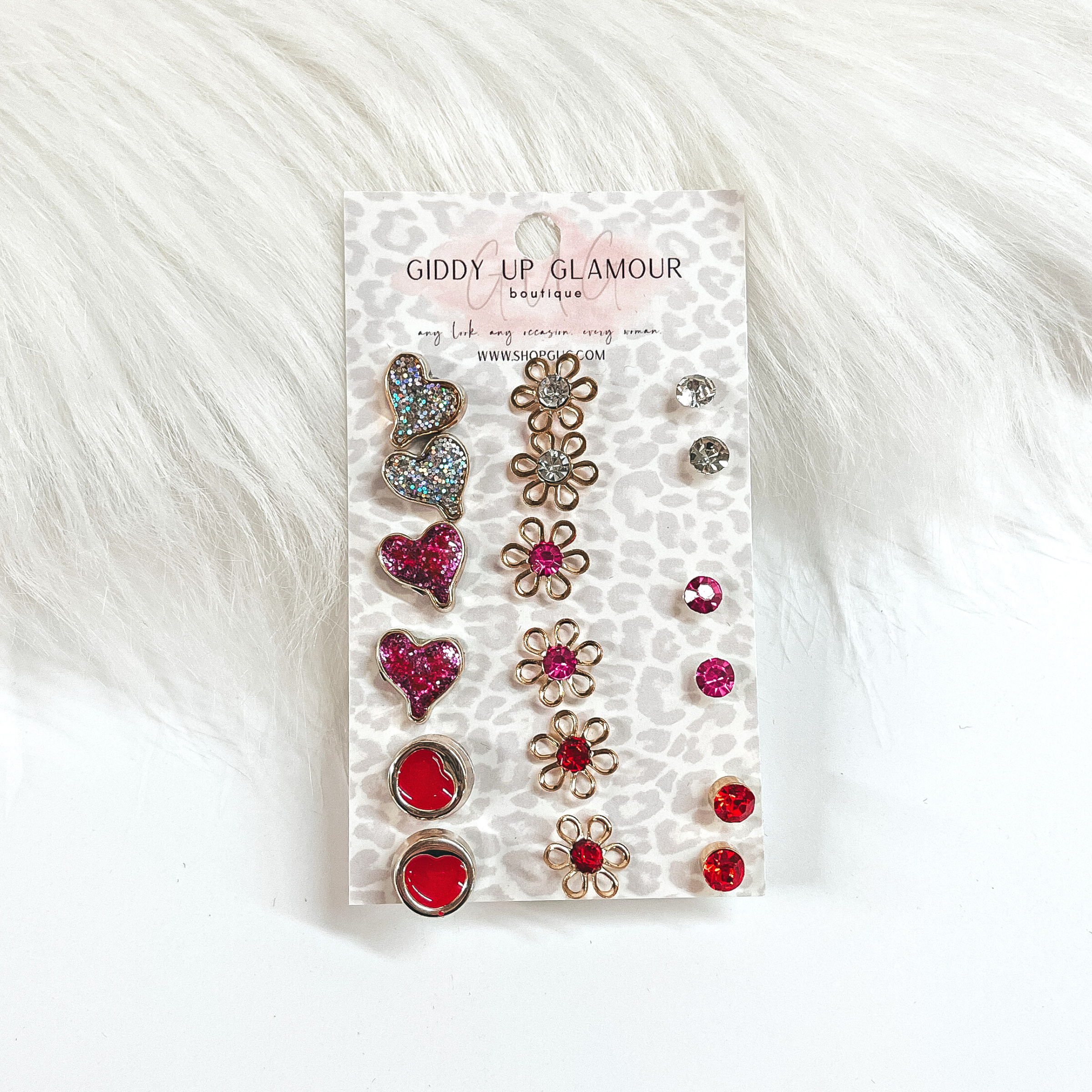 Buy 3 for $10 | Set of Nine | Heart and Flower Stud Earrings in Pink and Red Mix