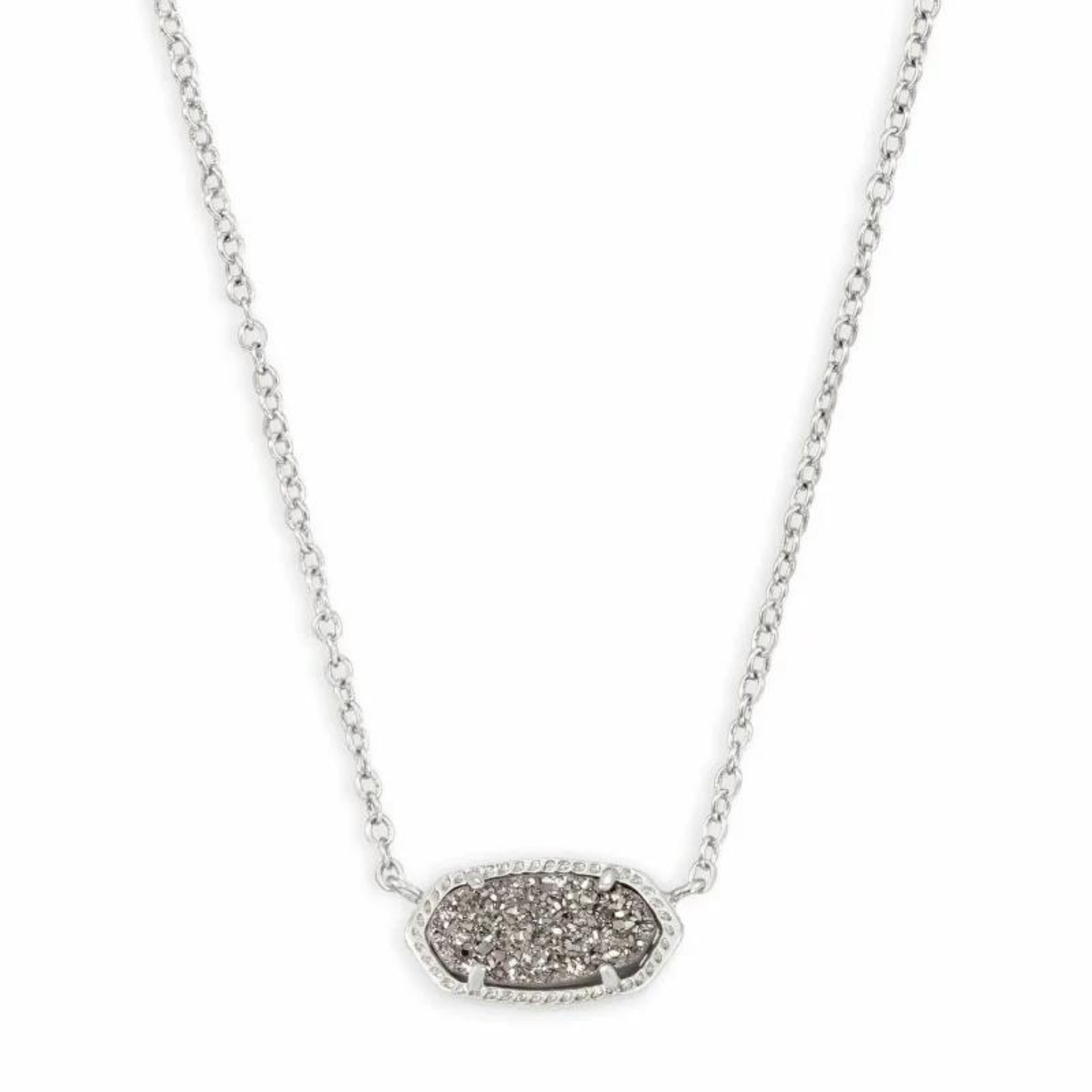 Silver necklace with platinum drusy stone pictured on a white background.